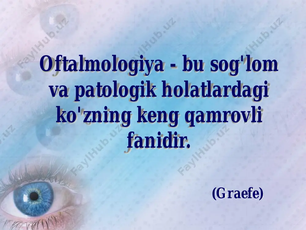 . 3. travmatizm. 4. distrofik va qon tomir ko'z kasalliklari. 5. katarakta. 6. diabetik shikastlanishlar. 7. bolalarning ko'rish qobiliyatini himoya qilish. inson ko'zining embriogenezi (ontogenez) 2-3 hafta. – ko'z chuqurlari va birlamchi miya pufakchalar paydo bo'ladi 4 hafta. – ko'z oynasi, ob'ektiv hosil bo'ladi 5 hafta. – qon tomirlar tizimi hosil bo'ladi 5 oy. – burun bo'shlig'iga lakrimal yo'llarning ochilishi 7 oy. – ko'z bo'shlig'i hosil bo'ladi. hayotining birinchisi oylarida – retinaning markaziy fossasi hosil bo'ladi. hayotining birinchisi yillarida – ko'rish markazining asosiy rivojlanishi ko'rish analizatori odam markaziy nerv sistemasining tashqi muhitdan oladigan ma'lumotlarini qabul qiluvchi 5 ta asosiy analizatoridan eng muhimi xisoblanadi. chunki u inson ma'naviy hayotini boyitadigan tashqi muhitning xilma-xil ko'rinishlari va to'rt faslning o'ziga xos go'zalliklarini ko'rish bilan kishiga zavq bag'ishlaydigan mo'jizadir… ko'ruv analizatorining anatomik tuzilishi va uning bajaradigan o'ziga xos vazifalari juda murakkabdir. mazkur analizatorning murakkab tuzilishini, vazifalarini yaxshi o'rganib olgan talabagina ko'z kasalliklari patogenezini, klinikasini …