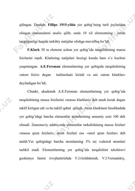 elementdan tarkib topgan moddalar oddiy modda, ikki va undan ko‘p kimyoviy elementdan tarkib topgan moddalar murakkab moddalar deyiladi. oddiy moddalar gazsimon (h2, o2, cl2, n2, he, ne), suyuq (br2, hg2), qattiq (fe, mg, ca, s, p, i2) holatlarda bo‘ladi. oddiy moddalar bir atomli (fe, ag, al, na, k…) va ko‘p atomli (o2, h2, i2, o3, s8, p4…) bo‘ladi. shu sababli ular qattiq xolda atomar va molekulyar kristall panjarali bo‘ladilar. oddiy moddalardan o2, n2, h2, s8, he, ne, ar, kr, xe, c, cl2, hg, au, ag, fe, cu lar tabiatda erkin holda mavjud bo‘ladi. ko‘pchilik elementlar birikmalar tarkibida uchraydi. ularni turli usullar bilan ajratilib, sof holda olinadi. oddiy moddalarning olinish usullari usul birikma holida oddiy moddalar a. qaytarish usuli vorodli oksidlar, galoganidlar, va tuzlardan ga,in,si,ge, mo,w,re,b karbotermiya oksidlar va tuzlardan fe,co,ni,si, pb,sn,zn,cd, cu,p,as,mo, w,sb,bi alyuminotermiya oksidlardan cr,fe,co, ni,mn. ruxtermiya galogenitlardan si,ag,au. magniytermiya oksidlar va galogenitlardan ti,be,zr, b,hf (si) kalsiytermiya u,v,nb,ta, sc,la …