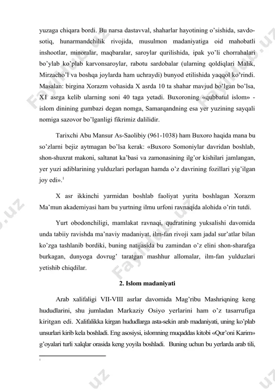 , islomiy ahkomlar, jamiyatu odamlar hayotiga singdirib borilib, shu asosda ular avvalgi ko’pxudolik, g’ayridiniy sarqitlardan, xurofot tushunchalaridan xalos bo’lib bordilar. хalifa usmon payg’ambarimiz o’limidan keyin og’izma-og’iz ko’chib yurgan “qur’oni karim” matnlarini bir joyga to’plab, yagona mukammal matnni yaratib, islom madaniyati tarixida nom qoldirgan. u kotib muxammad zayd ibn sobit ko’magida va payg’ambarimizning tirik sahobalari guvohligida “qur’oni karim”ning yagona nusxasini tuzib chiqadi. so’ng yagona nusxadan besh nusxa ko’chirib makka, madina, damashq, kufa va basra shaharlarida saqlashga buyuradi. хalifa usmon qur’oni amir тemur shom (suriya) yurishidan o’lja sifatida o’z poytaxtiga olib kelgan. тemuriylar tarixi davlat muzeyida saqlanayotgan mavjud “qur’oni karim” dastlabki tayyorlangan islomiy manbadir. ayni chog’da islom madaniyatining gultojisi hisoblangan hadisshunoslik ilmi rivoj topib bordiki, bunda xam peshqadamlikni o’rta osiyolik buyuk muhaddis olimlar egalladilar. islom olamida qur’oni karimdan keyin mo’’tabar manba, bu hadisi sharifdir. sharif degan so’z arabcha bo’lib, sharafli, aziz, qadrli degan ma’nolarni anglatadi. sharif unvoniga sazovor bo’lgan shaharlar,bular: shom, bag’dod, …