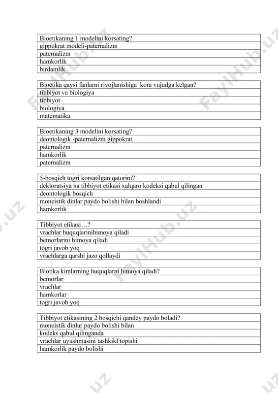 ixtiyoriy qatnashayotgan mijozning huquqlari o‘zbekiston respublikasining qaysi qonuni bilan himoyalanadi? dori vositalari va farmatsevtika faoliyati to‘g‘risid fuqarolar sog‘lig‘ini saqlash to‘g‘risida iste’molchilarning huquqlarini himoya qilish to‘g‘risida o‘zbekiston respublikasi sog‘liqni saqlash tizimida boshqarishni takomillashtirish to‘g‘risida farmakopeya maqolasi nima? dori vositalari sifatini, ularni tayyorlash, sifat-miqdor jihatidan nazorat qilishni, saqlash shart-sharoitlarini va nomlanishini belgilaydigan davlat standartlari to‘plami dori vositalarini tibbiy qo‘llanish huquqi uchun o‘zbekiston respublikasi sog‘liqni saqlash vazirligi ruxsatini tasdiqlovchi hujjat; dori vositasi uchun farmakopeya qo‘mitasi tomonidan tasdiqlangan normativ-texnik hujjat; dori preparatlarining davolash xususiyatlari samaradorligi tekshirilganidan so‘ng tuzilgan tarkibi; belgilangan farmakologik faollikka ega bo‘lib, klinik sinov obyektlari hisoblanadigan muayyan dorivor shaklidagi moddalar yoki moddalar aralashmasi-bu nima? farmakologik vositala dori preparatlari dori moddalari (substansiyalari) gomeopatik vositalar tibbiyot muassasalarining dori vositalarining qo‘shimcha salbiy ta’siri to‘g‘risida xabardor qilish borasidagi majburiyati qaysi qonun bilan himoyalanadi? dori vositalari va farmatsevtika faoliyati to‘g‘risid o‘zbekiston respublikasi sog‘liqni saqlash tizimida boshqarishni takomillashtirish to‘g‘risida iste’molchilarning huquqlarini himoya qilish to‘g‘risida fuqarolar sog‘lig‘ini saqlash to‘g‘risida …