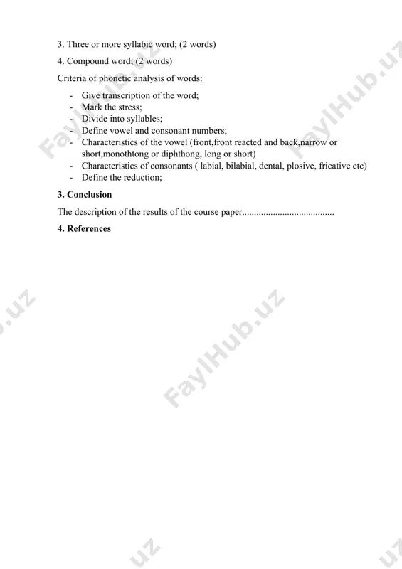 of phonetics” henry sweet. the subject matter of this course paper generally related to the phonological aspect. the contents of this course paper includes following issues: indroduction, two chapters, conclusion , and reference list. introduction provides with brief information about whole course paper and includes the problems that are going to research and discuss in the project. moreover, this course paper points out the aim of this research, tasks of the work, theoretical value, practical value and other peculiarities and features of the course paper. chapter 1 focus on the general information about the topic we are given, which is “the london phonological school”. chapter 2 activities based on the topic. phonetic and phonological analysis of the words from the literary work you have read. in the conclusion the results of our research carried out on a common topic a summed up and conclusions are formulated. the reference list presents …