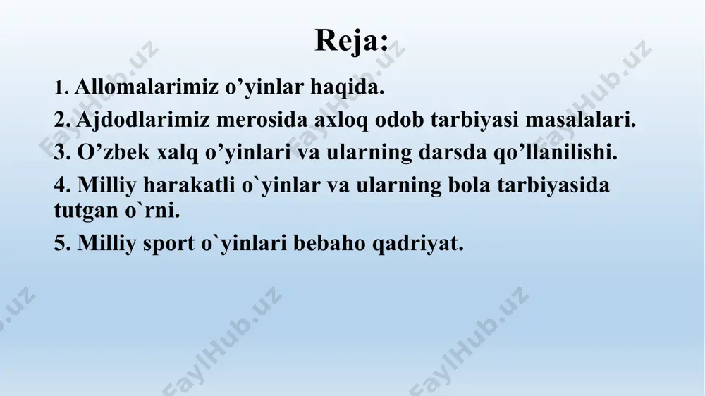 ma-xil ijobiy sifatlarni to`la ro`yobga chiqarishda milliy sport va o`yinlarning tutgan o`rni benihoyat kattadir. e) milliy sport va o`yinlar tartib, insof sohiblarini va o`z ahdida vafoli bo`la oladigan kishilarni tarbiyalaydi. o’yinlarni jismoniy sifatlarini rivojlantirishiga ko’ra quyidagi guruhlarga ajratish mumkin tezkorlikni tarbiyalovchi o’yinlar. kuchni oshiruvchi o’yinlar. . chaqqonlikni rivojlantiruvchi o’yinlar. chidamlikni rivojlantiruvchi o’yinlar. egiluvchanlikni tarbiyalovchi o’yinlar; tezkorlikni tarbiyalovchi o’yinlar bunda ko’proq ikki guruhning faol musobaqalashishiga olib keladigan o’yinlar o’tkazishga e’tibor qaratish lozim. harakatdagi ob’ektga nisbatan bo’lgan reaksiyani tarbiyalovchi o’yinlar bu o’rinda yaxshi natija beradi. bunday o’yinlarga “do’ppi kiyishda kim g’olib?”, “to’rt muyush”, “bo’sh joy”, “kim tez o’ynaydi” kabilarni kiritish mumkin. kuchni rivojlantiruvchi o’yinlar bunda o’qituvchi kerakli mushak guruhlarining rivojlanishiga ijobiy ta’sir ko’rsatadigan o’yinlarni tanlashi lozim. kuchni rivojlantiruvchi o’yinlarda o’quvchilar o’z tana og’irligini, bironta tashqi og’irlikni yoki raqib og’irligini (qarshiligini) yengadi. kuchni rivojlantirish uchun quyidagi o’yinlar tavsiya etiladi: “xo’roz-xo’roz” o’yini, “uloq”, “otdan ag’darish”, “oqsoq bo’ri va qo’ylar”, “chuqurga tushir” kabilar. chaqqonlikni tarbiyalovchi …