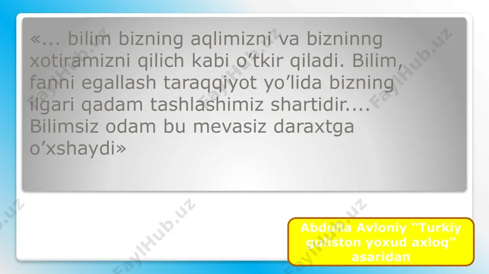 haqidagi fikrlari «hayratul abror», «farxod va shirin», «mahbub-ulqulub» asarlari ham mavjud. alisher navoiyning xaqiqiy inson uchun eng yaxshi fazilatlardan biri mehnatsevarlik deb ko’rsatadi. u «hayratul abror»ning beshinchi maqolatida kishilarning saxovatiga ko’z tikishdan ko’ra o’z qo’li bilan hayot kechirish ulug’roq va oliyjanobroq ekanligini «hotam toyi» hikoyatida kеltiradi. alisher navoiy. yusuf xos xojib. zero, insoniylik g‘oyasida yuksak axloqiy xislatlar ifodalangani uchun ham sharq uyg‘onish davri falsafasi va pedagogikasida ta’limiy-axloqiy yo‘nalish muhim ahamiyat kasb etdi. axloq masalasi faylasuflaming ham, buyuk mutafakkirlaming ham, tarixchi-yu shoir hamda adiblarning ham birdek diqqat markazida bo‘ldi. ta’limiy-axloqiy risolalar paydo bo‘lib, axloqning ham nazariy, ham amaliy masalalari tahlil etildi. “qutadg‘u bilig”, “axloqi nosiriy”, “qobusnoma”, “hibbat ul-haqoyiq”, “guliston”, “bo'ston”, “axloqi jaloliy”, “axloqi muhsiniy”, “mahbub ul4julub” kabi yusuf xos hojib, nasiriddin tusiy, kaykovus, ahmad yugnakiy, muslihiddin sa’diy, abdurahmon jomiy, alisher navoiy, jaloliddin davoniy, husayn voiz koshifiylaming ta’limiy-axloqiy asarlari yuqorida ta’kidlaganimiz inson shaxsini ma’naviy-axloqiy shakllantirish muammosini hal etish sohasida yaratilgan sof pedagogik …