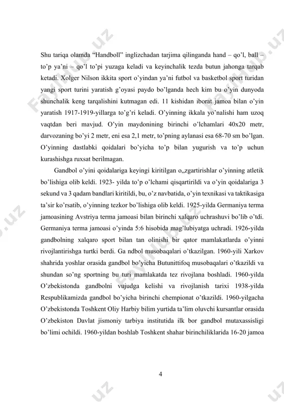 abon o'zining texnik ko'nikmalarini, masalan, to'pni ushlab olish, zarbalarni to'sish va pozitsiya o'zgartirish kabi qobiliyatlarini doimiy ravishda rivojlantirishga intilishi muhimdir. kurs ishining tarkibiy tuzilmasi:ushbu kurs ishi 2 ta bob,6 ta paragrf xulosa va foydalanilgan adabiyotlardan iborat. i.bob. ganbol darvozaboni nazariy asoslar va texnik ko‘nikmalar 1.1.ganbol darvozabonining o‘yin maydonidagi roli va vazifalari gandbol darvozabonining o‘yin maydonidagi roli va vazifalari juda muhimdir, chunki u butun jamoaning himoyasini boshqaradigan markaziy figura hisoblanadi. darvozabonning asosiy vazifasi o‘z darvozasini himoya qilish bo‘lsa-da, uning roli faqat to‘pni qaytarish bilan cheklanib qolmaydi. u himoya chizig‘idagi harakatlarni boshqarish, o‘yinchilarga yo‘nalish berish va zarur hollarda tezkor qarorlar qabul qilish orqali jamoaning umumiy taktikasi va strategiyasida muhim o‘rin tutadi.[footnoteref:2] [2: abdullayev a, xonkeldiyev sh, jismoniy tarbiya nazariyasi va uslubiyati. t., 2015 y. ] darvozabonning o‘yin maydonidagi roli, avvalo, uning texnik mahorati va reflekslariga bog‘liq. har bir darvozabon qiyin vaziyatlarda to‘pni qaytarish, qarshi hujumlarni to‘xtatish va murakkab zarbalarga qarshi tezkor javob …