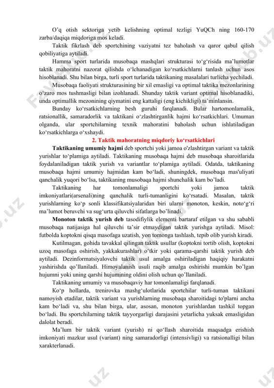 iq. optimal taktik variant deb taktik variantning eng katta optimal mezoni ahamiyatiga aytiladi. misol uchun, biatlonda musobaqa faoliyati chang‘ida yugurish va nishonga otish ketma-ketligidan iborat. eng muhimi, o‘q otish joyiga imkon qadar tezroq yetib kelish. agar, sportchi tez kelsa, vaqtdan yutadi, lekin nishonga aniq tekkiza olmasligi mumkin va oqibatda jarima daqiqalari oladi. agar, sekin kelsa, nishonga aniq tekkizsa ham, vaqtdan yutqazadi. bunda, optimal mezon tarkibiga otish joyiga yetib kelish uchun ketgan vaqt, nishonga otish vaqti va jarima daqiqalari kiradi. kardiolidirovka usuli bo'yicha biaotlonchilarning o‘q otish sektoriga yetib kelish tezligini, gorizontal bo‘yicha - dasturlashtirilgan yuqch ni, vertikal bo‘yicha - optimal mezon va komponentlarni, yugurish vaqtini, otish sektorida sarflangan vaqtni, jarima daqiqalarini, jami sarflangan vaqtni aniqlash mumkin. o’q otish sektoriga yetib kelishning optimal tezligi yuqch ning 160-170 zarba/daqiqa miqdoriga mos keladi. taktik fikrlash deb sportchining vaziyatni tez baholash va qaror qabul qilish qobiliyatiga aytiladi. hamma sport turlarida musobaqa mashqlari strukturasi to‘g‘risida ma’lumotlar …