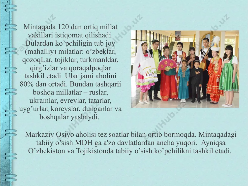 na 5,3 4,0 26,2 18,8 jami 555,6 344 749,6 698,8 o’zbekiston % hisobida 0,5 2,3 5,1 6,8 oltin qazib chikarish bo’yicha o’zbеkiston mdh davlatlari orasida rossiyadan kеyingi 2-o’rinda, dunyoda esa 8-o’rinda (dunyoda eng ko’p jarda 620 t atrofida, rossiyada 150 t, o’zbеkistonda 75 t). markaziy osiyo davlatlari orasida qozog’iston rеspublikasi iqtisodiyotining rivojlanganligi bilan ajralib turadi. markaziy osiyo davlalari orasida tojikiston davlatining xo’jaligining kam rivojlanganligi bilan ajralib turadi. rеspublika hududinning katta qismi tog’lardan iborat bo’lganligi sababli, hamda mamlakatdagi nosog’lom vaziyatlar hozirgi kunda iqtisodiyotning rivojlanishiga salbiy ta'sir etmoqda. umuman olganda bu ko’rsatkichlar tojikiston rеspublikasiga nisbatan past. adabiyotlar ro`yxati: g.r.asanov., m.nabixonov., i.safarov. “o`zbekistonning iqtisodiy va ijtimoiy geografiyasi”. t., “o`qituvchi” 1994. z.m.akramov., a.a.rafiqov. “прошлое, настоящее и будущее аральского моря”. t., “mehnat” 1990. t.j.jumaboyev. “markaziy osiyo mamlakatlari iqtisodiy va ijtimoiy geografiyasi”. (ma’ruzalar matni). samarqand – 2001. g`.r.pardayev. “markaziy osiyo mamlakatlari iqtisodiy va ijtimoiy geografiyasi”. (amaliy mashg`ulotlar). angren – 2003. image2.jpeg image3.png image4.jpeg image5.jpeg image6.jpeg image7.jpeg …