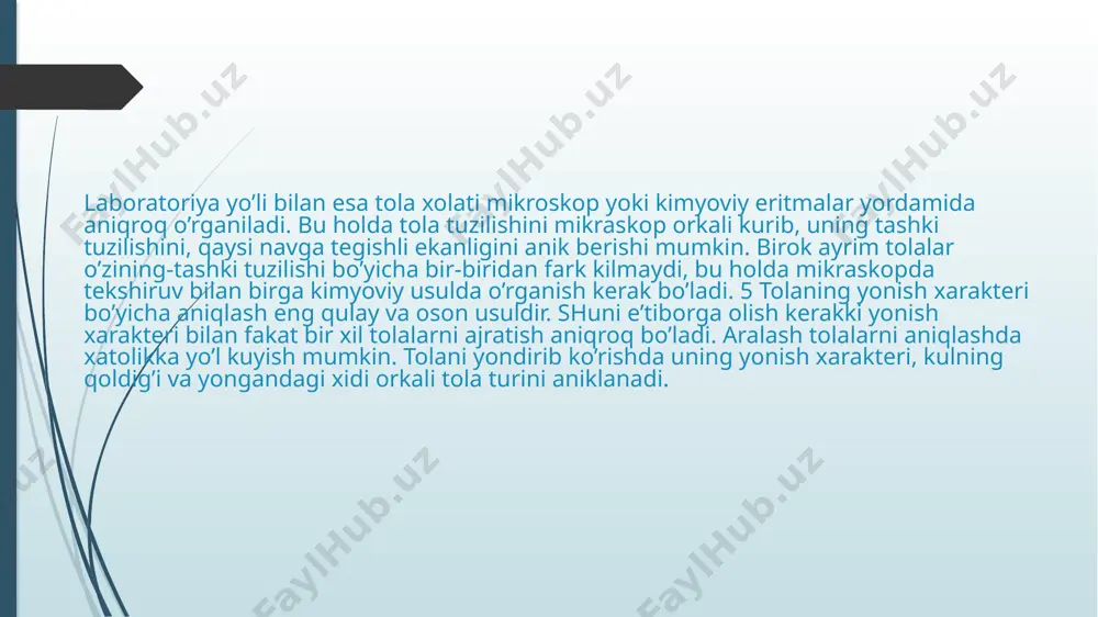 tabiiy tolalar deyiladi. tabiiy tolalarga o’simliklardan olinadigan tolalar (tsellyulozali tolalar - paxta, zig’ir, kanop losi va xokozo), xayvonot tolalari (oqsilli tolalar - jun, tabiiy ipak ) hamda minerallardan olinadigan tolalar kiradi. tolalarning kimeviy tarkibi. mineral tolalardan tashqari barcha tolalar kimyoviy tarkibi jixatidan organiq moddalardir. ular tabiiy va kimyoviy yo’l bilan olingan turli - tuman yuqori molekulyar moddalardir. mineral tolalarning asosini anorganiq moddalar tashqil qiladi. barcha o’simlik tolalarining asosini murakkab organiq birikma-tsellyuloza, ya’ni uglevod, vodorod va kisloroddan iborat xujayra (kletchatka) tashqil qiladi. barcha hayvonot tolalari asosida yanada murakkabrok, organiq moddalar - oqsillar yotadi. ular aminakislotalardan tashqil topgan. oqsil tarkibida albatta 8 uglevod, kislorod, vodorod va azot kabi elementlar bo’ladi. junni xosil qiladigan oqsil birikmasi - keratin tarkibida, bulardan tashqari oltingugurt bo’ladi. tabiiy ipak, ya’ni pilla tolasi tarkibida ikki oqsil - fibroin va seritsin bo’ladi. sintetik tolalarni asosini murakkab organiq birikmalar - ancha molekulalarni sintez qilib olinadigan polimerlar tashqil qiladi. kimyoviy tolalar …