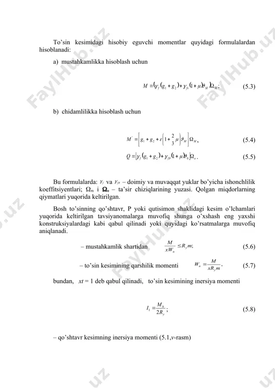 isoblash uchun , (5.4) . (5.5) bu formulalarda: va – doimiy va muvaqqat yuklar bo’yicha ishonchlilik koef​fitsiyentlari; (m i (o – ta’sir chiziqlarining yuzasi. qolgan miqdorlarning qiymatlari yuqorida keltirilgan. bosh to’sinning qo’shtavr, p yoki qutisimon shaklidagi kesim o’lchamlari yuqorida keltirilgan tavsiyanomalarga muvofiq shunga o’xshash eng yaxshi konstruksiyalardagi kabi qabul qilinadi yoki quyidagi ko’rsatmalarga muvofiq aniqlanadi. – mustahkamlik shartidan (5.6) – to’sin kesimining qarshilik momenti (5.7) bundan, xt = 1 deb qabul qilinadi, to’sin kesimining inersiya momenti ; (5.8) – qo’shtavr kesimning inersiya momenti (5.1,v-rasm) , (5.9) bu yerda af – belbog’ kesimining yuzasi; i1 = i2 shartdan olamiz. (5.10) bundan hw = h bo’lganda, to’sin belbog’i kesimining yuzasi ; (5.11) – to’sin kesimining yuzasi ap = aw + 2af yoki (5.12) hw=h bo’lganda, (5.13) – to’sin kesimining minimal yuzasi shartidan , (5.14) – to’sin balandligi , (5.15) bunda ψ=1,2...1,5 bo’lgan eguvchi momentni to’sin uzunligi bo’yicha notekisligini hisobga oluvchi koeffitsiyent. qolgan …