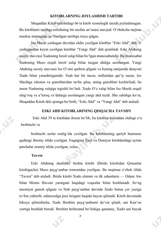 ka topishini aytadi. xudo o‘z va’dasini bajargani ibrohimning o‘g‘li is’hoq, nabirasi yoqub va chevarasi yusuf haqidagi hikoyalardan ko‘rishimiz mumkin. xudo yusuf orqali yoqubni va uning xonadonini kan’on yurtidagi qahatchilikdan asrab, misrga olib boradi. u yerda ibrohimning avlodi nihoyatda ko‘payib, isroil xalqi degan nom bilan taniladi. isroil xalqi misrda 400 yil qolib ketadi. tavrotning ikkinchi kitobi “chiqish” deb nomlangan bo‘lib, yoqub naslining o‘n ikki qabilasi, ya’ni isroil xalqi misrda qullik zulmidan azob chekayotgani haqidagi hikoya bilan boshlanadi. xudo muso payg‘ambar orqali isroil xalqini mo‘jizalar orqali ozod qilib, misrdan olib chiqadi. bu voqea taxminan miloddan oldingi 1440 yilda yuz bergan edi. isroil xalqi misrdan chiqqandan keyin sahroda qirq yil davomida boshidan kechirgan voqealar tavrotning qolgan uchta kitobida — “levilar”, “sahroda” va “qonunlar”da hikoya qilingan. o‘sha davrda xudo muso payg‘ambar orqali isroil xalqi bilan ahd tuzadi. o‘sha ahdda xudoning amrlari va qonunlari batafsil bayon qilingan. bu amrlarga va qonunlarga rioya qilgan insonlarga xudo: …