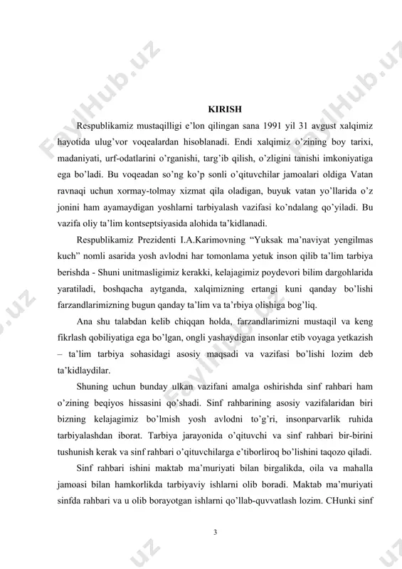 anganlik darajasiga, tarbiya metodlarining qay darajada o’rinli va samarali tanlanganiga hamda mohirona qo’llanganiga bog’liq. tarbiya metodlarini to’g’ri tanlash tarbiya vazifalarini ijobiy hal qilishda o’quvchilarning o’z-o’zini tarbiyalash faolligini oshirishga yordam beradi. tarbiyaviy natijalarga erishishni istagan har bir o’qituvchi tarbiya metodlari va ularnng mohiyatini puxta o’zlashtirib olishi maqsadga muvofiqdir. tarbiyaviy tizimning eng asosiy tashkil etuvchilaridan biri – bu shaxsni ijodkorlikka, mustaqillikka, insonparvarlikka, o’zini qadrlay bilish va o’zgalarni hurmat qilishga o’rgatishdir. tarbiyaviy ishlarni tashkil etishning ustivor yo’nalishlari quyidagilar hisoblanadi: · o’quvchilarning qiziqishi-xohishiga qarab ta’lim muassasasi va undan tashqarida tashkil etilgan turli xil uyushmalarga jalb etish; · o’quvchilar ishtirokida muntazam ravishda har xil ma’naviy-ma’rifiy tadbirlar o’tkazish; · fan to’garaklari, texnik yo’nalishdagi to’garaklar va amaliy ijodkorlik mazmunini o’zgartirish; · badiiy-estetik birlashmalarni tashkil etish va rivojlantirish; · huquqiy ta’lim va tarbiyani takomillashtirish; · ommaviy sport, harbiy vatanparvarlik ishlarini rivojlantirish, sog’lom turmush tarzi malakasini shakllantirish; · ta’lim muassasasi faoliyatini demokratlashtirish asosi sifatida o’z-o’zini boshqarishni rivojlantirish. bizning nazarimizda …