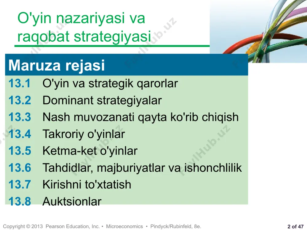 croeconomics • pindyck/rubinfeld, 8e. 6 nokooperativga qarshi kooperativ o'yinlar ● kooperativ o'yin – bu ishtirokchilar qo'shma strategiyalarni rejalashtirishga imkon beradigan majburiy shartnomalar bo'yicha muzokaralar olib boradigan o'yin. ● nokooperativ (majburiy bo'lmagan) - bu shartnomalar bo'yicha muzokaralar olib borish va amalga oshirish mumkin bo'lmagan hamkorlikdagi o'yin. raqibingizning nuqtai nazarini tushunish va uning harakatlaringizga uning javoblarini aniqlab olish juda muhimdir. e'tibor bering, kooperativ va nokooperativ o'yinlarning asosiy farqi shartnoma tuzish imkoniyatlarida. hamkorlik o'yinlarida majburiy shartnomalar tuzilishi mumkin; nokooperativ o'yinlarda esa bunday emas. ‹#› of 47 copyright © 2013 pearson education, inc. • microeconomics • pindyck/rubinfeld, 8e. 7 nokooperativga qarshi kooperativ o'yinlar dollarlik banknotani qanday sotib olish kerak dollar kupyurasi kim oshdi savdosiga qo'yilgan, ammo g'ayrioddiy tarzda. eng yuqori narxni taklif etgan kishi, taklif miqdori uchun evaziga dollar oladi. shu bilan birga, eng yuqori narxga ega bo'lgan ikkinchi ishtirokchi o'zi taklif qilgan summani ham topshirishi kerak va buning evaziga hech narsa olinmasligi kerak. …