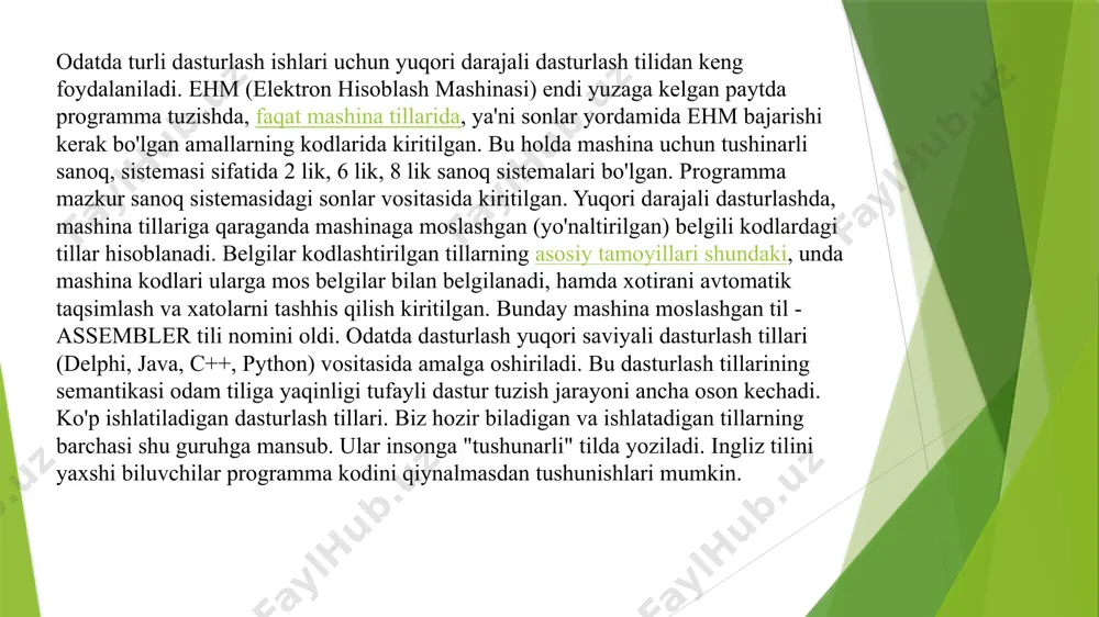 zilari haqida aytib o'tamiz: delphi (talaff. délfi) — dasturlash tillaridan biri. borland firmasi tomonidan ishlab chiqarilgan. delphi dasturlash tili ishlatiladi va avvaldan borland delphi paketi tarkibiga kiritilgan. shu bilan bir qatorda 2003-yildan hozirgacha qoʻllanilayotgan shu nomga ega bulgan. object pascal — pascal tilidan bir qancha kengaytirishlar va toʻldirishlar orqali kelib chiqqan boʻlib, u ob'yektga yoʻnaltirilgan dasturlash tili hisoblanadi. avvaldan ushbu dasturlash muhiti faqatgina microsoft windows amaliyot tizimi uchun dasturlar yaratishga mo'ljallangan, keyinchalik esa gnu/linux hamda kylix tizimlari uchun moslashtirildi, lekin 2002-yilgi kylix 3 sonidan so'ng ishlab chiqarish to'xtatildi, ko'p o'tmay esa microsoft.net tizimini qo'llab quvvatlashi to'g'risida e'lon qilindi. lazarus proekti amaliyotidagi (free pascal) dasturlash tili delphi dasturlash muhitida gnu/linux, mac os x va windows ce platformalari uchun dasturlar yaratishga imkoniyat beradi. visual basic (talaffuzi: "vijual beysik") – microsoft korporatsiydan dasturlash tili va uning uchun dasturlash muhitdir. u basicdan ko`p tushunchalar oldi va tez rasmli interfeys bilan dasturlar taraqqiyot ta`minlaydi. oxirgi …