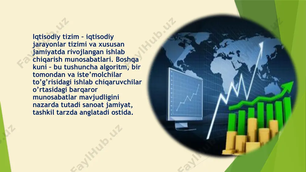 ob’ekti axborotlashgan jamiyat hisoblanadi. axborot ta`minoti – axborot tizimlari ichki mashina axborot bazasini yaratishni tasniflash va kodlashtirish tizimlari xujjatlashtirishning unifikatsiyalashgan tizimlari, xujjat aylanmasi va xujjatlar shakli uslublarini ratsional holga keltirishni o`z ichiga olgan axborotni joylashtirish va tashkil qilish bo`yicha uslublar va vositalar yig`indisidir. dasturiy ta`minot – hisoblash texnikasi vositasida ma`lumotlarni qayta ishlash tizimini yaratish va foydalanish dasturiy vositalari yig`indisidir. dasturiy ta`minot tarkibiga bazaviy va amaliy dasturiy mahsulotlar kiradi. amaliy dasturiy ta`minot – axborot tizimi funktsional vazifalarni hal etishni avtomatlashtirish uchun mo`ljallangan dasturiy mahsulotlar yig`indisio`zida namoyon etadi. ular ham universal vositalar (matn muharrirlari, elektron jadvallar, ma`lumotlar bazasi boshqaruv tizimlari) va ham maxsus vositalar – funktsional kichik tizimlarni amalga oshiruvchi turli xil ob`ektlar sifatida ishlab chiqilishi mumkin. texnik ta`minot – ma`lumotlarini qayta ishlash tizimini funktsiyalashtirish uchun qo`llanuvchi texnik vositalar kompleksidir. u ma`lumotlarni qayta ishlovchi namunaviy operatsiyalarni amalga oshiruvchi qurilmalarni o`z ichiga oladi e’tiboringiz uchun tashakkur!!! image1.jpeg image2.jpeg image3.jpeg