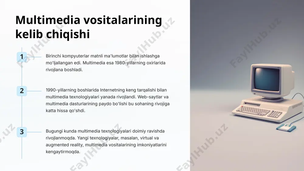 ia vositalarida estetik ko'rinish yaratish, ma'lumotni vizual tarzda taqdim etish va foydalanuvchilarning qiziqishlarini jalb qilish uchun ishlatiladi. illüstratsiya illüstratsiya - bu rasm yoki chizma orqali ma'lumotni vizual tarzda taqdim etish usuli. ular multimedia vositalarida matnni tushunarliroq qilish, g'oyalarni vizual tarzda ifodalash va foydalanuvchilarning diqqatini jalb qilish uchun ishlatiladi. 7 ovoz musiqa musiqa multimedia vositalariga kayfiyat, hissiyot va ta'sir qo'shishga yordam beradi. u foydalanuvchilarning e'tiborini jalb qilish, kayfiyatni belgilash va ma'lumotni esda saqlashni yaxshilash uchun ishlatiladi. ovoz effektlari ovoz effektlari multimedia vositalariga realistiklik, dramatiklik va hissiyot qo'shishga yordam beradi. ular foydalanuvchilarni hikoyaga jalb qilish va o'ziga jalb qilish uchun ishlatiladi. nutq nutq multimedia vositalarida ma'lumotni etkazishning muhim usuli hisoblanadi. u taqdimotlar, audiokitoblar va boshqa multimedia vositalarida ishlatiladi. 8 video 1 real video real video - bu real dunyo voqealarini yozib olish usuli. u multimedia vositalarida ma'lumotni vizual tarzda taqdim etish, hikoyalarni aytib berish va foydalanuvchilarni voqealarga jalb qilish uchun ishlatiladi. 2 …