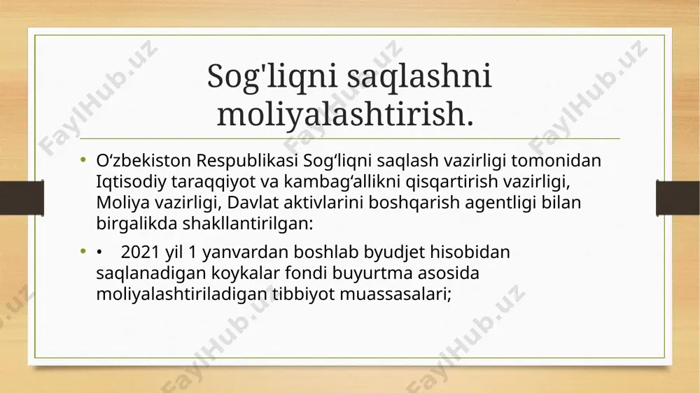 n tartibda qayta rasmiylashtiriladi; • qo‘shimcha tibbiy ixtisoslik turiga yoki tashkilot filialiga litsenziya olishda, litsenziya talabgorining xohishiga ko‘ra, uning litsenziya talablari va shartlariga muvofiqligini o‘rganish faqat so‘ralayotgan tibbiy ixtisoslik turi hamda tashkilot filiali qismida o‘tkaziladi va ushbu ixtisoslik turiga (filialga) litsenziya belgilangan tartibda mavjud litsenziyaning amal qilish muddatiga beriladi. bunda amaldagi litsenziya tegishli qo‘shimchalar kiritilgan holda qayta rasmiylashtiriladi. shunday tartib o‘rnatiladiki, unga ko‘ra 2021 yil 1 yanvardan: • o‘zbekiston respublikasining soliq rezidentlari bo‘lgan jismoniy shaxslarga o‘zining va yaqin qarindoshlarining (turmush o‘rtog‘i, voyaga yetmagan farzandlari va pensiyadagi ota-onasi) respublika hududidagi tibbiyot tashkilotlarida tibbiy yordam olish bilan bog‘liq bo‘lgan haqiqatda amalga oshirilgan va hujjatlar (onlayn nazorat-kassa mashina qr-kodli cheklari va boshqalar) bilan tasdiqlangan xarajatlarini daromad solig‘i bazasidan chegirib tashlash huquqi beriladi; • soliq to‘lovchilarning ish haqi va boshqa daromadlarining ixtiyoriy tibbiy sug‘urta shartnomasi bo‘yicha sug‘urta mukofotlarini to‘lash uchun yo‘naltiriladigan, lekin soliq davri davomida 5 mln. so‘mdan oshmagan qismiga soliq solinmaydi. bunda, sug‘urta …