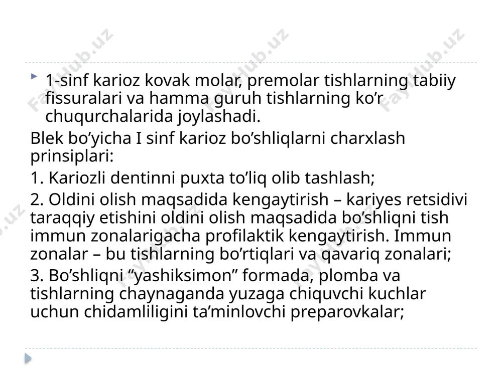 bo’ylab qo‘shilgan holda shakllantiriladi, tubi esa yassi shaklda bo‘ladi. i sinfni charxlash. kovak premolar va molar tishlarning chaynov yuzalaridagi fissuralarida bo'lsa, sharsimon, g'ildiraksimon, konussimon borlar bilan zararlangan fissuralarni charxlab, ularga krestsimon, qaldirg'och dumi, oval yoki yumaloq shakl beriladi. kariyes bilan zararlanmagan do'mboqlar saqlanadi. yuqori jag' birinchi molarining chaynov yuzasi zararlanganda emal valigi saqlanadi. molarlarning fissurasida chuqur kariyes kovagi bo'lsa, chaynov yuzasida qo'shimcha maydon va retension nuqtalar hosil qilinadi. qo'shimcha maydonning eni asosiy maydon eniga teng bo'lib, chuqurligi emal-dentin chegarasidan 0,5- 1 mm pastroq bo'lishi kerak. asosiy maydon tubi qo'shimcha maydon tubiga to'g'ri burchak ostida bevosita davom etishi kerak. molar va premolar tishlarning lunj chaynov yuzalari fissurasi kamroq zararlanganda, uncha katta bo'lmagan kovaklar shakllantiriladi, class i : yuqori jagʻ 1-molyar tishning medial doʻmbogʻi pastki jagʻ 1-molyar tishning distal va medial doʻmbogʻi oʻrtasida boʻladi. class ii -1 : yuqori jagʻ 1-molyar tishning medial doʻmbogʻi pastki jagʻ 1-molyar tishning medial doʻmbogʻi ustida yoki …