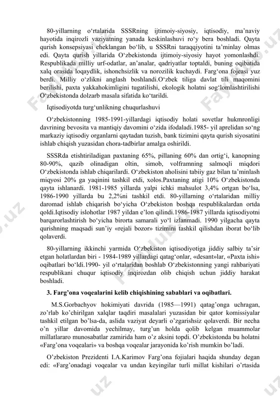qamoqqa olindi, ularning 600 dan oshig‘i rahbar xodimlar, 10 tasi sotsialistik mehnat qahramonlari edilar. qamoqa olinganlarning ko‘pchiligi qonunga xilof ravishda sudsiz, belgilanganidan oshiq muddatlarda qamoqxonalarda ushlab turildi.bu o‘zbek xalqining mavjud tuzumga nisbatan ishonchsizligini, rahbar xodimlar va huquq-tartibot organlariga nisbatan noroziligini kuchaytirdi. o‘zbekistonda qo‘pol tarzda inson huquqlari poymol etildi. qatag‘onlik siyosatining oqibatida xususiy mulk, asriy an’analar yo‘q qilindi. davlat hukmronligi, partiya yakka hokimligi o‘rnatildi.sovet tuzumiga qarshi bo‘lgan xalqning ilg‘or qatlamlarini davlat boshqaruviga yaqinlashtirmaslik siyosati olib borildi.hukumatga xalaqit bermasligi uchun ziyolilar tag-tomiri bilan yo‘qotildi.har qanday yo‘l bilan sovet davlatining kuch qudratini saqlab turish asosiy maqsad edi.ilg‘or g‘oyalar yo‘qotildi.ko‘zga ko‘ringan olimlar, shoir va davlat arboblari shafqatsiz yo‘q qilingan.milliy g‘urur va o‘zlikni anglash g‘oyalarini ildizi bilan quritishga intilgan.xalqlarning tili, dini va asriy an’analariga tajovuz qilingan.diniy qadriyatlar toptalgan.pirovard natijada yagona sovet xalqini tashkil etishga harakat bo‘ldi. fikrlash, so‘z va e’tiqod erkinligi cheklangan.sovet xalqini boshqa xalqlardan ajratib iskanjada ushlangan, zo‘rlik orqali kamchiliklar yashirilgan. ma’muriy-siyosiy biqiqlik. 1980-yillarning …