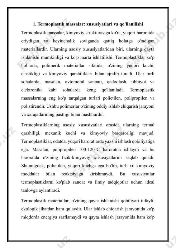 gdek, qozonlar, qozonlar va boshqa jihozlar uchun ko'pincha ishlatiladi. ular, shuningdek, qattiq va engil strukturalarni yaratish uchun ideal tanlovdir. termoreaktiv plastiklar, ularning mustahkamligi va kimyoviy barqarorligi tufayli, ko'plab sanoat sohalarida keng qo'llaniladi. misol uchun, aerokosmik sanoatida, ularning yuqori kuchga ega bo'lishi va engil vaznli bo'lishi zarur. bunday materiallar, aerokosmik samolyotlar va raketalar uchun asosiy qismlar sifatida ishlatiladi. elektronika sanoatida esa, termoreaktiv plastiklar yuqori haroratli va kimyoviy zaharli muhitlarda ishlash uchun qulaydir. ular, masalan, elektr izolyatsiyalari va boshqa elektron komponentlar uchun ishlatiladi. termoreaktiv plastiklarning afzalliklari bilan bir qatorda, ularning kamchiliklari ham mavjud. ular, masalan, qattiq holatga o'tgandan so'ng, qayta ishlanmaydi, bu esa ularni ekotizimga zarar yetkazishi mumkin. shuningdek, ishlab chiqarish jarayonida yuqori harorat va bosim talab etilishi, energiya sarfini oshiradi. biroq, bu kamchiliklarga qaramay, termoreaktiv plastiklarning kuchli xususiyatlari ularni ko'p sohalarda zarur qiladi. termoreaktiv plastik massalar, o'zlarining o'ziga xos xususiyatlari bilan bir qatorda, ko'plab innovatsiyalarni yaratish imkoniyatini beradi. masalan, yangi materiallar …