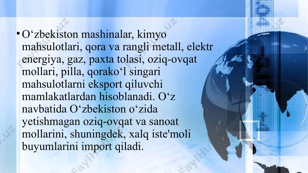 tashkilotlari bilan hamkorlik qilgan holda, davrning dolzarb muammolarini hal etishga ham jiddiy e'tibor qaratmoqda. shanxay hamkorlik tashkiloti (shht), yevropa ittifoqi (yi), mustaqil davlatlar hamdo‘stligi (mdh), yevrosiyo iqtisodiy hamdo‘stligi (yih), islom konferensiyasi tashkiloti (ikt) va boshqa xalqaro tashkilotlar shular jumlasidandir. e’tiboringiz uchun rahmat! image1.png image2.jpg image3.jpg image4.jpg image5.jpg image6.jpg image7.png image8.jpg image9.png image10.jpg image11.png image12.jpg image13.jpg image14.jpg image15.jpg image16.png image17.jpg image18.jpg uzbekistan flag, vector illustration on a white background /docprops/thumbnail.jpeg