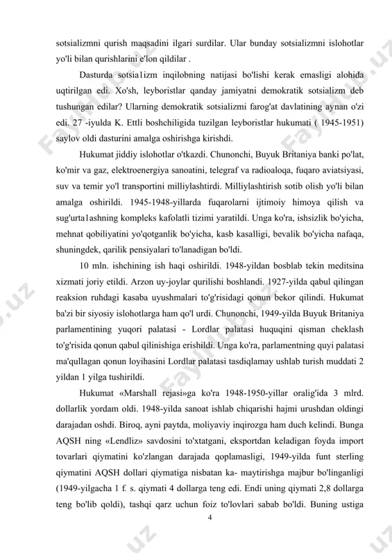 biroq, ayni paytda, moliyaviy inqirozga ham duch kelindi. bunga aqsh ning «lendliz» savdosini to'xtatgani, eksportdan keladigan foyda import tovarlari qiymatini ko'zlangan darajada qoplamasligi, 1949-yilda funt sterling qiymatini aqsh dollari qiymatiga nisbatan ka- maytirishga majbur bo'linganligi (1949-yilgacha 1 f. s. qiymati 4 dollarga teng edi. endi uning qiymati 2,8 dollarga teng bo'lib qoldi), tashqi qarz uchun foiz to'lovlari sabab bo'ldi. buning ustiga iqtisodiyotdagi davlat sektorini bir maromda ushlab turish ham katta mablag' talab etmoqda edi. oqibatda hukumat ijtimoiy sohada belgilangan tadbirlar uchun zarur mablag'ga ega bo'lа olmadi. bu borada berilgan va'dalar to'la bajarilmadi. bu hol 1951-yilning 25-oktabrida o'tkazilgan navbatdagi parlament saylovida konservatorlarning g'alabasini ta'minladi. u. cherchill уаnа hukumat tuzdi. hukumat 1945-yilgi parlament saylovidagi mag'lubiyat sabablarini hisobga oldi. shu tufayli ijtimoiy himoya tizimini bekor qilmadi. biroq «mamla- katni moliyaviy sog'lomlashtirish dasturi»ga ko'ra, bu soha xarajatlarini bir muncha qisqartirdi. po'lat ishlab chiqarish sanoati va transport davlat tasarrufidan chiqarildi. chetdan oziq-ovqat va sanoat mahsulotlari …