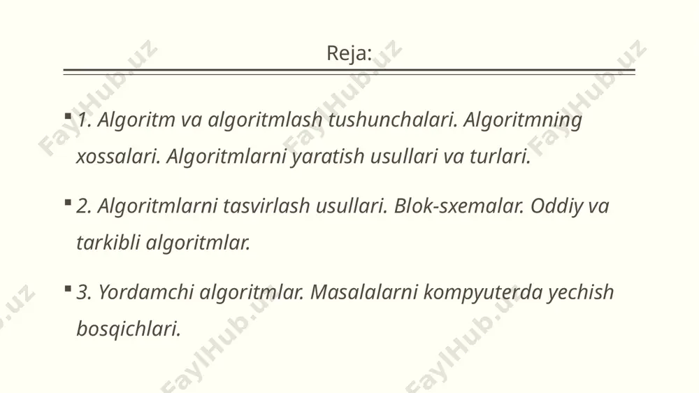 lash. algoritmning asosiy xossalari 1. bir xil boshlang’ich ma’lumotlar kiritilganda har doim bir xil natijaga ega bo’lish 2. har xil boshlang’ich ma’lumotlar kiritilganda, qaralayotgan bir turdagi masalalar kutilgan natijalarni berish 3. chekli qadamdan keyin, ya’ni bir necha amallar bajarilgandan so’ng masalaning echimiga ega bo’lish algoritmlarni tasvirlash usullari: a b c d m 1. formulala; r yordamida bu holda bajarilishi lozim bo’lgan amallar ketma-ketligi matematik formulalar, mantiqiy ifodalar ko’rinishida ifodalanadi. misol. rasmda keltirilgan to’rtburchak yuzini hisoblang. algoritmi: 2. matn yordamida bajarilishi lozim bo’lgan amallar ketma-ketligi jumlalar yoki gaplar yordamida ifodalab beriladi. misol. radiusi r ga teng doira yuzasini hisoblang. algoritmi: π ni r ning kvadratiga ko’paytiring. r 3. dasturlash tili yordamida algoritmik til amallar ketma-ketligi biror yordamida ifodaladi. misol. rasmda keltirilgan to’rtburchak yuzini algoritmi: read(a,b,c,m); p:=(b+c+m)/2; s1:=sqrt(p*(p-m)*(p-b)*(p-c)); p:=(a+d+m)/2; s2:=sqrt(p*(p-a)*(p-d)*(p-m)); s:=s1+ s2; write(s); a d hisoblang. c b m quyidаgi ifоdаni hisоblаshning blоk-cxemasini tuzing. bоshlаsh х, с d = x2 + c …