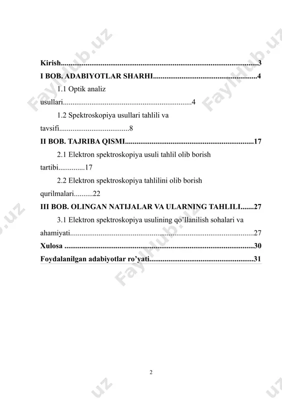 pektrlar bo‘yicha olimlar nurlanuvchi moddalar tarkibini aniqlash usuliga ega bo‘ldilar. natijada fizikaning elektromagnit nurlanishlar spektrlarini tadqiq qiluvchi yangi bo‘limi - spektroskopiya vijudga keldi. bu kirxgof va bunzen kimyoviy elementlarning eng dastlabki spektral tahlillarini amalga oshirgan 1859-yilda yuz berdi. kurs ishining maqsadi. spektroskopiya (spektr va ... skopiya) — fizikaning elektromagnit nurlanish spektrlarini oʻrganuvchi boʻlimi. spektroskopiya usullari bilan atom, molekulalarning energiya sathlari, ulardan hosil boʻlgan makroskopik tizimlar va energiya satqlari orasidagi kvant oʻtishlar oʻrganiladi. bular moddaning tuzilishi va xossalari toʻgʻrisida muhim maʼlumotlar beradi. kurs ishining vazifalari. spektrlar tahlili magnit maydonlarini ham oshkor qilishga imkon beradi. nurlanuvchi atomlarga magnit maydon ta'sir qilganda chiziq yo‘ldoshlar hosil bo‘ladi. kurs ishining obyekti. spektral analizda keng qo’llaniladigan spektrometrlar va spektrini aniqlanayotgan va tahlil qilinayotgan moddalar kurs ishining obyekti asosiy obyekti hisoblanadi. kurs ishining hajmi va tuzilishi. kurs ishi an’anaga ko’ra kirish, i bob adabiyotlar sharhi, ii bob tajriba qismi, iii bob olingan natijalar tahlili, xulosa va foydalanilgan …