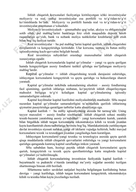 lanishi nisbati, xorijiy investorlarga qo‘lay muhitning yaratilishi va hakazo. hozirgi paytda, o‘zbekiston milliy iqtisodiyotiga kiritilayotgan investitsiyalarning qariyib 80 foizi aholi va mahalliy tadbirkorlarga tegishlidir. shuni ta’kidlash lozimki, aholining investitsion faoliyatda faol ishtirok etishi, uning davlatga nisbatan ishonchining bo‘lishiga, davlatning aholi investitsion faolligini qo‘llab-quvvatlashiga (kafolatlashi)ga hamda aholi daromadiga bog‘liq. ma’lumki, aholining o‘rtacha daromadi past bo‘lgan paytda, uning asosiy kismi (70-80 foizi)ni iste’molga sarflanadi. va aksincha. aholi daromadlarini o‘sib borishi jamg‘arishga yuboriladigan qismini ortib borishiga sabab bo‘ladi. investitsiyalar xajmiga korxonalarning ivestitsiyalashdan kutilayotgan daromad normasi xam ta’sir ko‘rsatadi. olinadigan foyda har qanday subyektni investitsiyalashga undaydi. investitsiyalashdan olinadigan foyda normasi kanchalik yukori bo‘lsa, invessiyalash xajmi shunchalik yukori bo‘ladi. investitsiyalar xajmiga ssuda foizi stavkasi katta ta’sir ko‘rsatadi. chunki investitsiyalash jarayonida tijorat banklari va boshqa moliyaviy institutlaridan karzga olingan mablag‘lardan xam foydalaniladi. agarda kutilayotgan foyda normasi o‘rtacha ssuda foizi stavkasidan yukori bo‘lsa, bu qo‘yilmalar investor uchun daromadli hisoblanadi va aksincha, foiz stavkasi kutilayotgan foyda nomasidan yuqori …