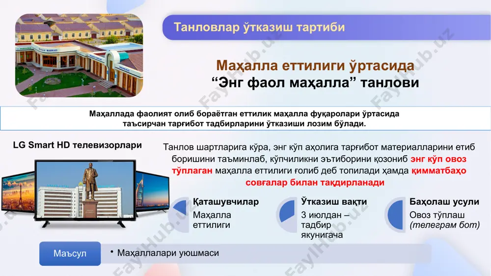 зиш тартиби моноблок, телефон ва смарт калонка соғлиқни сақлаш вазирлиги маъсул қаташувчилар тиббиёт ходимлари баҳолаш усули овоз тўплаш (телеграм бот) ўтказиш вақти 3 июлдан – тадбир якунигача блогер ва журналистлар ўртасида аҳолини кибертаҳдидлардан огоҳлантиришга қаратилган “энг яхши миллий контент” танлови кибержиноятлардан аҳолини огоҳлантиришга қаратилган энг оммабоп ва қизиқарли контент (видео, аудио, подкаст ва ҳ.к. шаклидаги контентлар) ишлаб чиқиш тақдим этилган мавзуларга оид видеороликлар тайёрлаб махсус телеграм ботга юбориш орқали танлов иштирокчисига айланишади. юборилган материалларни ижтимоий тармоқлар ва телеграм-бот орқали жамоатчиликка етказилади ва баҳоланади энг кўп овоз тўплаган ишитрокчилар ғолиб деб топилади ҳамда қимматбаҳо совғалар билан тақдирланади танловлар ўтказиш тартиби моноблок, ноутбук ва телефон ахборот ва оммавий коммуникациялар бошқармаси маъсул қаташувчилар блогер, вайнер, журналистлар баҳолаш усули кўришлар сони ва овоз тўплаш (телеграм бот) ўтказиш вақти 3 июлдан – тадбир якунигача олий таълим муассасалари талабалари ўртасида “stop! cybercrime” номли огоҳликка чақирувчи оммабоп челленжлар танлови олий таълим муассасалари талабалари томонидан кибержиноятлардан аҳолини огоҳликка …
