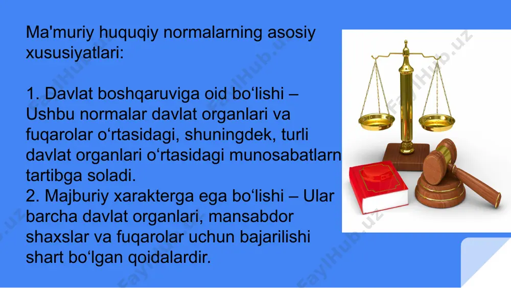 etish shart-sharoitlari (masalan, ma’muriy-huquqiy javobgarlikka tortish shartlari) ko‘rsatiladi. dispozitsiya — yuridik normaning tarkibiy elementi bo‘lib, unda norma bilan belgilangan xulq-atvor qoidasi, taraflarning huquqlari va majburiyatlari o‘rnatildi. sanksiya ma’muriy-huquqiy normaning elementi sifatida huquqbuzarga nisbatan ko‘riladigan ta’sir choralarini aks ettiradi. bunda har qanday ma’muriy ta’sir emas, balki huquqbuzarlik munosabati bilan qo‘llanilishi normada belgilangan ta’sirgina nazarda tutiladi. eʼtiboringiz uchun raxmat image1.png image2.jpg image3.jpg image4.jpg image5.jpg image6.jpg image7.jpg image8.jpg