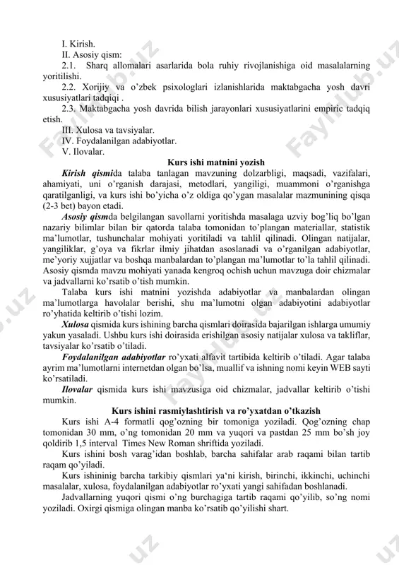 adi va o’rganilgan adabiyotlar, me’yoriy xujjatlar va boshqa manbalardan to’plangan ma’lumotlar to’la tahlil qilinadi. asosiy qismda mavzu mohiyati yanada kengroq ochish uchun mavzuga doir chizmalar va jadvallarni ko’rsatib o’tish mumkin. talaba kurs ishi matnini yozishda adabiyotlar va manbalardan olingan ma’lumotlarga havolalar berishi, shu ma’lumotni olgan adabiyotini adabiyotlar ro’yhatida keltirib o’tishi lozim. xulosa qismida kurs ishining barcha qismlari doirasida bajarilgan ishlarga umumiy yakun yasaladi. ushbu kurs ishi doirasida erishilgan asosiy natijalar xulosa va takliflar, tavsiyalar ko’rsatib o’tiladi. foydalanilgan adabiyotlar ro’yxati alfavit tartibida keltirib o’tiladi. agar talaba ayrim ma’lumotlarni internetdan olgan bo’lsa, muallif va ishning nomi keyin web sayti ko’rsatiladi. ilovalar qismida kurs ishi mavzusiga oid chizmalar, jadvallar keltirib o’tishi mumkin. kurs ishini rasmiylashtirish va ro’yxatdan o’tkazish kurs ishi a-4 formatli qog’ozning bir tomoniga yoziladi. qog’ozning chap tomonidan 30 mm, o’ng tomonidan 20 mm va yuqori va pastdan 25 mm bo’sh joy qoldirib 1,5 interval times new roman shriftida yoziladi. kurs ishini …