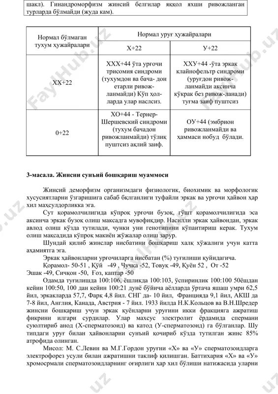эркак, ҳам урғочи танасидаги белгиларни мужассамлаштиради, бунга гинандроморфлар дейилади, ҳодисага эса гинандроморфизм (гин-аёл, андро-эркак, морфизм-шакл). гинандроморфизм жинсий белгилар яққол яхши ривожланган турларда бўлмайди (жуда кам). нормал бўлмаган тухум ҳужайралари нормал уруғ ҳужайралари х+22 у+22 хх+22 ххх+44 ўта урғочи трисомия синдроми (тухумдон ва бача- дон етарли ривож- ланмайди) кўп ҳол- ларда улар наслсиз. хху+44 -ўта эркак клайнофельтр синдроми (уруғдон ривож- ланмайди аксинча кўкрак без ривож-ланади) туғма заиф пуштсиз 0+22 хо+44 - тернер-шершевский синдроми (тухум бачадон ривожланмайди) тўлиқ пуштсиз ақлий заиф. оу+44 (эмбрион ривожланмайди ва ҳаммаси нобуд бўлади. 3-масала. жинсни сунъий бошқариш муаммоси жинсий деморфизм организмдаги физиологик, биохимик ва морфологик хусусиятларни ўзгаришига сабаб бқлганлиги туфайли эркак ва урғочи ҳайвон ҳар хил маҳсулдорликка эга. сут қорамолчилигида кўпроқ урғочи бузоқ, гўшт қорамолчилигида эса аксинча эркак бузоқ олиш максадга мувофиқдир. насилли эркак ҳайвондан, эркак авлод олиш кўзда тутилади, чунки уни генотипини кўпаитириш керак. тухум олиш мақсадида кўпроқ макиён жўжалар олиш зарур. шундай қилиб жинслар нисбатини …