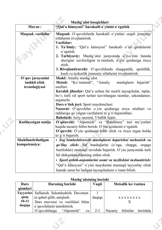 nga, chapga, orqaga burilishlarni takrorlash. yurish va yugurish mashqlari (tizzalarni baland ko`tarib, tovonlarni orqaga tashlab, chap yonlama, o`ng yonlama). doira bo`ib urm bajarish: 1-mashq. d.h. qo`llar belda, oyoqlar yelka kengligida, boshni uch martadan o`ng va chap taraflarga aylantirish. 2-mashq. d.h. qo`llar yelkada, oyoqlar yelka kengligida, 1-4 qo`llarni oldinga, 1-4 orqaga aylantirish. 3-mashq. d.h. qo`llar belda, oyoqlar yelka kengligida. 1-4 belni chap tarafga, 1-4 o`ng tarafga aylantirish. 4-mashq. d.h. qo`llar belda, oyoqlar yelka kengligidan sal kengroq. 1-chap oyoqqa, 2-o`rtaga, 3-o`ng oyoqqa egilamiz, 4-d.h. 5-mashq. d.h. qo`llar belda, oyoqlar keng yozilgan. 1-chap oyoqqa o`tiramiz, 2-d.h., 3-o`ng oyoqqa o`tiramiz, 4-d.h. 6-mashq. d.h. a.t. 1-qo`llarni yuqoriga ko`tarib, chap oyoq uchini orqaga tashlash, 2-d.h., 3- qo`llarni yuqoriga ko`tarib, o`ng oyoq uchini orqaga tashlash. 7-mashq. d.h. qo`llar uzatilgan, oyoqlar yelka kengligida. 1-chap oyoqni o`ng qo`l kaftiga, 2-o`ng oyoqni chap qo`l kaftiga tekkazish. 8-mashq. d.h. a.t. 1-sakrab, tizzalarni ko`krakka tekkazish, 2-d.h. 1 daqiqa 2-3 daqiqa 1-2 daqiqa …