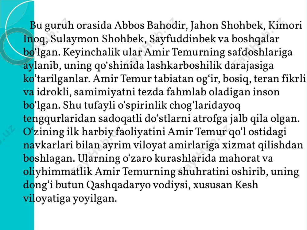 hr va xorazmda tarqoqligiga va o‘zaro nizolarga zarba berib, sirdaryo vohasidan to orol dengizigacha bo‘lgan yerlarda yashovchi xalqlarni yagona davlat tasarrufida birlashtiradi. amir temur davlatiga mog‘iliston davlatining doimiy hujumini bartaraf etish uchun yigirma yil (1371-1390) mobaynida mog‘ulistonga yetti marta yurish qilib, mo‘g‘ul hukmdorlari anqoto‘ra va qamaruddin ustidan g‘alaba qozondi. shu zaylda amir temur movarounnahr va xorazmda hukm surgan tarqoqlikka, o‘zaro nizo va mo‘g‘uliston tomonidan bo‘lib turgan tazyiqqa chek qo‘ydi. sohibqiron bu bilan qanoatlanmay, qo‘shni davlatlar ustiga yurish qilib, ularni o‘ziga bo‘ysundirish va markazlashgan buyuk saltanat barpo etishni o‘z oldiga maqsad qilib qo‘ydi. sohibqiron harbiy yurishni xurosondan boshlaydi. 1381-yili amir temur hirotni egallaydi. saraxs, jom va qavsiya shaharlari jangsiz taslim bo‘ladi. 1381-1384-yillar davomida eronning katta qismi bo‘ysundiriladi. avval (1381) kalot, turshiz va sabzavor, keyin (1383) seistonning zireh, zova, farah va bust qal`alari, 1384-yilda esa astrobod viloyati va ozarbayjonning omul, sori, sultoniya va tabriz shaharlari bo‘ysundiriladi. amir temur eron, ozarbayjon, iroq va …