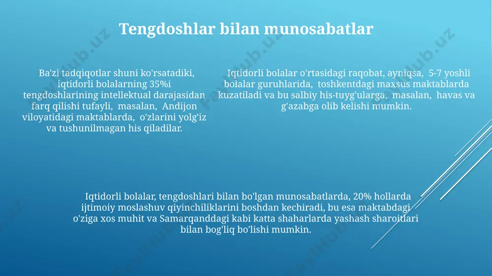 al areas of fergana valley possess adequate knowledge of identification and support methods for gifted children, leading to underachievement and lack of engagement in such students. o'zbekistonning 2020-yilgi ta'lim statistikasiga ko'ra, qobiliyatli bolalar bilan ishlash bo'yicha maxsus tayyorgarlik ko'rgan o'qituvchilar soni atigi 15% ni tashkil etadi, bu esa samarqand viloyati kabi mintaqalarda muammoni yanada kuchaytiradi. gifted children's needs often require differentiated instruction, yet 70% of teachers in tashkent lack the specialized training to implement effective strategies for these students, hindering their academic progress significantly. zero'lchash va baholov tizimining kamchiliklari samarqand shahridagi ta’lim muassasalarida o‘tkazilgan tadqiqotlar shuni ko‘rsatdiki, iqtidorli bolalar uchun individual yondashuvning etishmasligi ularning 30%ida o‘qishga bo‘lgan qiziqishning pasayishiga va o‘qishdagi muvaffaqiyatsizliklarga olib kelmoqda. baholash tizimi ko‘pincha standartlashtirilgan testlarga asoslangan bo‘lib, bu esa ijodkorlik va tanqidiy fikrlash kabi iqtidorli bolalarning noyob qobiliyatlarini to‘liq baholash imkonini bermaydi, natijada 70% dan ortiq iqtidorli bolalar aniqlanmay qoladi. o‘zbekistonning ayrim viloyatlaridagi maktablarda, masalan, qashqadaryo …