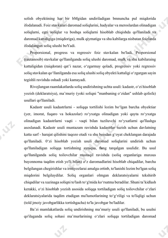 anlariga maxsus bayonnoma taqdim etish yo'li bilan) o‘z daromadlarini hisoblab chiqadilar, barcha belgilangan chegirishlar va irntiyozlarai amalga ortinb, to'lanishi lozim bo'lgan soliq miqdorini belgilaydilar. soliq organlari olmgan deklaratsiyalarni tekshirib chiqadilar va xazinaga soliqni to'lash to‘g'mida ko‘rsatma beradilar. shuni ta’kidlash kerakki, o‘zi hisoblab yozish asosida soliqqa tortiladigan soliq toilovchilar o‘zlari deklaratsiyalarida taqdim etadigan ma'lumotlarining to‘g‘riligi va to'liqligi uchun (told jmoiy javobgarlikka tortishgacha) to'la javobgar bo'ladilar. ba’zi mamlakatlarda soliq undirishning ma’muriy usuli qo'llaniladi, bu usulni qo'ilaganda soliq sohasi ma’murlarining o‘zlari soliqqa tortiladigan daromad miqdorini ba’zi bilvosita belgilar (mijozlar soni, bozor kon’yukturasi va hokazolar) asosida belgilaydilar. soliqqa tortishning bo‘nak (yoki oldindan undirish) usulida belgilangan soliq miqdori ushbu daromadni oluvchining foydasiga o‘tkazilishi lozhn bo'lgan daromaddan ushlab qolinadi. daromadni oluvchi (daromadning egasi) emas, balki daromadm to'lovchi shaxs, ya’ni tadbirkor, bank, kompaniya va shu kabilar soliq to'lanishi yuzasidan xazina oldida asosiv javobgar bo'lishi shu usulning o‘ziga xos xususiyatidir, soliqqa tortikmng bunday usuli mehnatkashlarning ish haqlarmi, gonorarlarni …