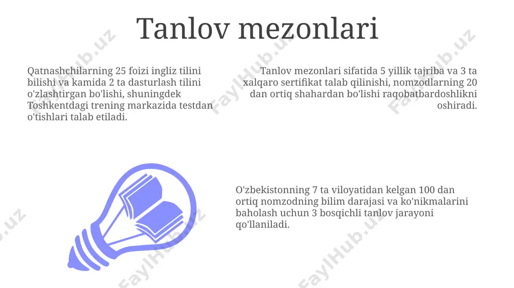 ham mavjud, ayniqsa, viloyatlardagi davlat idoralarida. tanlov komissiyalari tarkibiga 5 dan ortiq aʼzo kiritilishi, ularning vakolatlarini aniq belgilash va ovoz berish jarayonini hujjatlashtirish, masalan, toshkent shahridagi katta loyihalarda, adolatli natijalarga olib kelishi mumkin. xalqaro tajriba shuni koʻrsatadiki, 10 dan ortiq ishtirokchini oʻz ichiga olgan tanlovlar elektron tizimlar yordamida oʻtkazilganda, masalan, singapurdagi kabi, obʼyektivlik va samaradorlik sezilarli darajada oshadi. tanlov va qonunchilik tanlov jarayonida 2023-yilda o'zbekiston bo'ylab 50 dan ortiq saylov okrugi tashkil etilgan bo'lib, ularning har biri 30 000 dan ortiq saylovchi qamrab olgan. toshkent shahrida o'tkazilgan so'nggi saylovlarda 70% dan ortiq saylovchilar ishtirok etgan bo'lib, bu yuqori darajadagi saylov faolligini ko'rsatadi. saylov qonunchiligi, 2019-yilda qabul qilingan 21-sonli qonunga ko'ra, saylovchilarning teng huquqli ishtiroki va ovoz berish sirini kafolatlaydi. tanlov va innovatsiya тошкентдаги "илғор технологиялар" маркази 2022 йилдан буён 150 тадан ортиқ стартап лойиҳасини танлаб, уларга 5 млн сўмдан кўп миқдорда молиявий кўмак ва менторлик хизматларини тақдим этди. танлов жараёнларида …