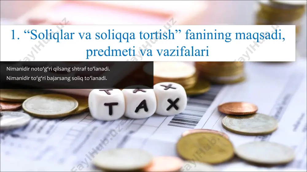 untazam foydalanganligidan xulosa chiqarib olishimiz mumkin bo‘ladi. hatto davlatchilikning shakllanishida ham soliqlar yetakchilik q i l i shgan . chunk i dav l a tn ing paydo bo ‘ l i sh i mukammal barqarorlashmagan ijtimoiy-iqtisodiy munosabatlarga tayangan. shuning uchun ham davlatning paydo bo‘lishining dastlabki bosqichida moliyaviy va iqtisodiy ishlarni jonlantirishda davlat hukmdorlari har xil soliq to‘lovlaridan foydalanishgan va o‘z oldilarida turgan muammolarni yechishga harakat qilishgan. 10 soliqlar o‘z mohiyatidan kelib chiqib yangi qiymatni yuzaga keltirishi bilan bog‘liq pul munosabatlarini ifodalaydi. shuningdek, ular moliyaning tarkibiy qismi bo‘lib, uzoq muddatlarni mo‘ljallangan huquqiy me’yorlar bilan mustahkamlangan. soliqlar samarali natijalarni qo‘lga kiritilishini ta’minlashi va uzoq muddatlarga xizmat qilishi uchun soliq munosabatlarini to‘liq ifodalaydigan, ilmiy asoslangan soliq siyosatiga va respublikamiz prezidenti sh.m. mirziyoyev tomonidan belgilab berilgan harakatlar strategiyasining ustuvor yo‘nalishlariga bevosita asoslanishi shart. 11 soliqlar yangi qiymatni yuzaga keltirishi bilan bog‘liq pul munosabatlarini ifoda etganligini e’tiborga olgan holda ularning mohiyatini to‘liq yoritilishi soliq munosabatlarini …