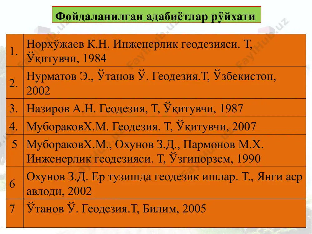 бурчак, масофа ва баланд-ликларни улчаш асбоблари ёрдамида олиб борилади. жамият тараққиётига кўра геодезия фани ҳам ривожланиб бир неча мустақил фанларга бўлинди: олий геодезия - бутун ер сиртини ёки унинг катта қисм-ларини шакли ва ўлчамларини аниқлаш, ер сиртида айрим нукталар координаталари ва баландликларини ягона системада топиш, ер қобиғининг горизонтал (ётиқ) ва вертикал силжишини ўрганиш каби масалаларни хал килади. геодезия ёки топография - ер сиртининг катта бўлмаган бўлакларининг карта ва планларини тузиш, ҳамда нуқталарни баландликларини аниқлаш, уларнинг профили (вертикал кесими) ни тасвирлаш усуллари билан шуғулланади. инженерлик геодезияси - инженерли иншоотларни қидирув, лойиҳалаш, қуриш ва фойдаланишда бажариладиган геодезик ишлар усулларини ўрганиши билан шуғулланади. фототопография ёки аэрофотогеодезия - ер сиртини суратга олиш ва топографик карта, планларни ернинг фото ва аэросуратлари орқали тузиш усулларини ишлаб чиқиш билан шуғулланади. картография - карталарни тузиш, нашр қилиш ва улардан фойдаланиш усулларини ўрганади космик геодезияси - ернинг сунъий йулдошдан туриб, ер шаклини аниқлаш ва унинг сирти суратини олиш усулларини …