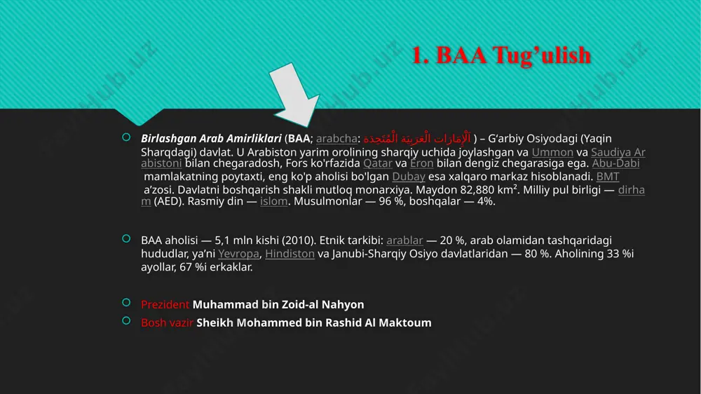 (dunyoda eng yirik), avtomobil taʼmirlash ustaxonalari, gaz suyultirish korxonalari, xalqaro kutubxona bor. dubay jahondagi oltin savdosi markazlaridan biri. mashinalar eng zoʻrlari binolar eslatib oʻtamiz dunyodagi eng baland bino burj xalifa ham mana shu yerda balandligi 828 m, 163 qavatdan iborat. bojxona qoidalari import va eksportda valyuta nazorat qilinadi, jami summasi deklaratsiyada koʻrsatiladi. maʼnaviyatga salbiy taʼsir etuvchi audio va video maxsulotlarni hamda diniy munosabatlarga taʼsir etuvchi maxsulotlar olib kirish taʼqiqlanadi. bojxona organi topshirilgan videokasseta va chop etilgan maxsulotlarni koʻrib chiqishi mumkin. jismoniy shaxs quyidagilarni bojsiz olib kirishi mumkin: 2000 dona sigaret yoki 400 sigar yoki 2 kg tamaki; 2 litr vino va 2 litr oʻtkir alkagol ichimlik. quyidagilar importda qatʼiy taqiqlangan: fizik narsalar, psixologik materiallar, dorilarning hamma turlari, qushlarni ovlash qurollari, musulmon shariatiga xos boʻlmagan behayo video va chop etilgan tovarlar, qurol va narkotik moddalar olib oʻtish taqiqlangan. shunisi diqqatga sazovorki, agar baaga olib kirilayotgan import tibbiyot muolaja vositalariga narkotik aralashgan …