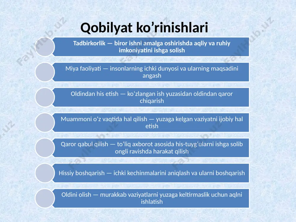 amaliy jihatdan fahmli; b) texnik moslamalarni tahlil qila olish qobiliyati; v) narsalarni montaj qilib qismlardan butun hosil qila olish qobiliyati bo‘lishi shart. m.g.davletshin texnikaviy iste’dod ko‘rsatkichlarini an’anaviy baholashni tan olgan holda (ko‘z bilan chamalash, fazoviy tasavvur, texnikaviy tahlil, konstruksiyalash qobiliyati) o‘zining original yondashuvini ishlab chiqqan. texnikaviy qobiliyat darajasini tashxis qilish uchun tekshirishlarda ishlab chiqilgan eksperimental masalalarning to‘qqizta seriyasidan foydalanadi. b.r.qodirovning fikricha: “ma’lum bir faoliyatga qiziqmay turib qobiliyat haqida gapirib bo‘lmaydi. va o‘z navbatida har qanday qobiliyatli bola hali iste’dodli degani emas. ko‘p qirrali va rivojlangan qobiliyatlar iste’dodli bola shaxsining moddiy asosini tashkil etadi, xolos. aksincha, iste’dodli bola qobiliyatsiz bo‘lishi mumkin emas. bu fikrlardan ko‘rinib turibdiki, iste’dodli bola sof fikrli, har xil qobiliyatga va umuman aqliy rivojlanishga tayyor turgan hozirjavob, nodir shaxsiy xususiyatlarga to‘la boladir. image1.jpeg /docprops/thumbnail.jpeg