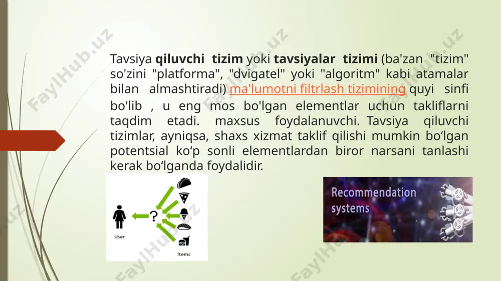 ar biri boshqa o'zaro bog'langan neyronlardan uzatiladigan ma'lumotlarni qabul qilish va qayta ishlash uchun javobgardir. [115] inson miyasiga oʻxshab, bu neyronlar kiruvchi signallarga (oʻquv kiritish va orqaga tarqaladigan chiqish) asoslangan faollashuv holatini oʻzgartirib, tizimga tarmoqni oʻrganish bosqichida faollashtirish ogʻirliklarini sozlash imkonini beradi. ann odatda qora quti modeli sifatida ishlab chiqilgan . asosiy nazariy komponentlar rasmiy va qat'iy bo'lgan oddiy mashinani o'rganishdan farqli o'laroq, neyronlarning birgalikdagi ta'siri to'liq aniq emas, ammo zamonaviy tajribalar annning bashoratli kuchini ko'rsatdi. ann turli ma'lumotlardan foydalanish qobiliyati uchun tavsiya tizimlarida keng qo'llaniladi. fikr-mulohaza ma'lumotlaridan tashqari, ann hamkorlikda filtrlashni o'rganish uchun juda murakkab bo'lgan qayta aloqa bo'lmagan ma'lumotlarni o'z ichiga olishi mumkin va noyob tuzilma annga foydalanuvchi tajribasini oshirish uchun qayta aloqa bo'lmagan ma'lumotlardan qo'shimcha signalni aniqlash imkonini beradi. quyida baʼzi misollar keltirilgan: vaqt va mavsumiylik : foydalanuvchi platforma bilan o'zaro aloqada bo'lgan vaqt va sana yoki mavsumni belgilaydi foydalanuvchi navigatsiya naqshlari : tashrif buyurilgan sahifalar ketma-ketligi, …