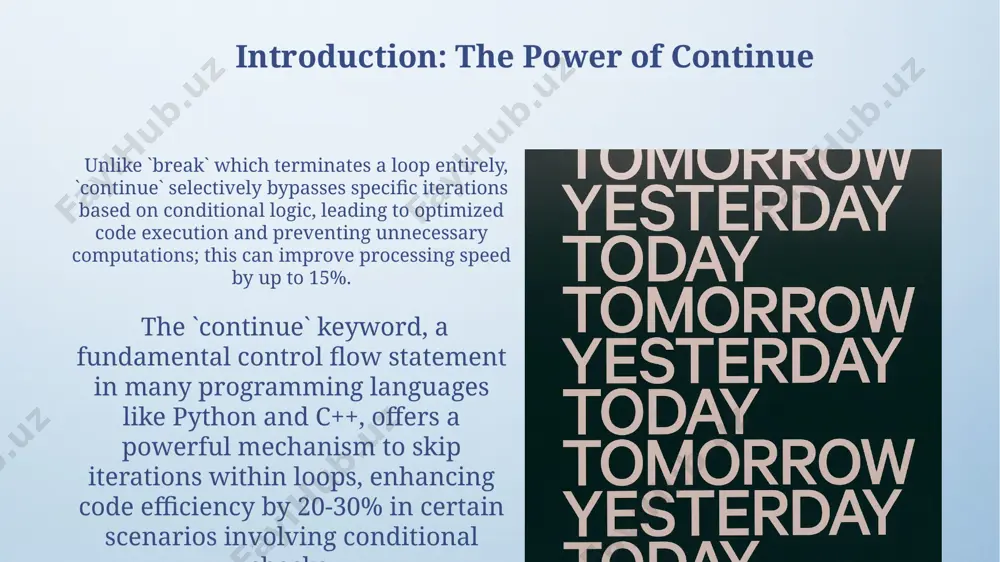 a conditional check, thus enhancing efficiency. syntax and semantics of continue the syntax is remarkably simple: just the keyword `continue` on a line by itself. it needs no arguments or parameters. its functionality is solely defined by its position within a loop's body. the `continue` statement, unlike `break`, only terminates the current iteration of a loop (e.g., `for` or `while`). it doesn't exit the loop entirely; execution jumps to the next iteration, skipping any remaining code within the current loop cycle. thank you for your attention @taqdimot_robot image4.png image5.jpg image6.jpg image7.jpg image8.jpg image9.jpg image10.jpg image11.jpg image12.jpg image13.jpg image14.jpg image15.jpg image16.jpg image17.jpg image18.jpg image19.jpg image20.jpg image21.jpg image3.jpeg