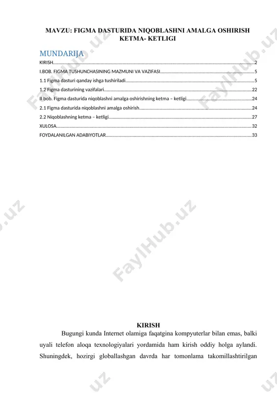 , ishchi guruhlarga va boshqalar bilan birga ishlash uchun murakkab ilovalar tuzishga imkoniyat beradi. figma dizaynerlarga bir necha muammo va bo’sh ishni yechishga yordam beradi. masalan, tizim o’z tarkibida hamkorlik qilish, dizayn o’zgartirishlarini qabul qilish, tashqi fayllarni import qilish va boshqalar bor. figma turli usullarda sifatli dizayn tuzish va ish suratlarini birlashtirishga imkon beradi. ushbu dastur web brauzerida ishlaydi, shuning uchun iste’mol qilish uchun maxfiy serverlarga murojaat etish zarurati yo’q. figma aynan shunday jamoatchilikning qo’llab – quvvatlanishi, tizimni o’rganish va yangilashga yordam beradi, shuningdek, o’zini boshqarishga imkon beradi, siz ishingizni vaqti daromadini boshqarishingizga yordam beradi. kurs ishimizning obyekti – figma dasturi va undan niqoblanishdan foydalanish. kurs ishimizning predmeti – figma dasturi va uning imkoniyatlari. interfeysi va uskunalar paneli. kurs ishining maqsadi: kompyuter grafikasi sohasida yetuk kadrlarni tayyorlash, yosh kitobxonalarga kompyuter grafikasi faniga bo’lgan qiziqishlarini orttirish va ularga kompyuter grafikasi va web sayt yaratishda yetakchi o’rinlarga turadigan figma dasturi haqida ma’lumotlar …