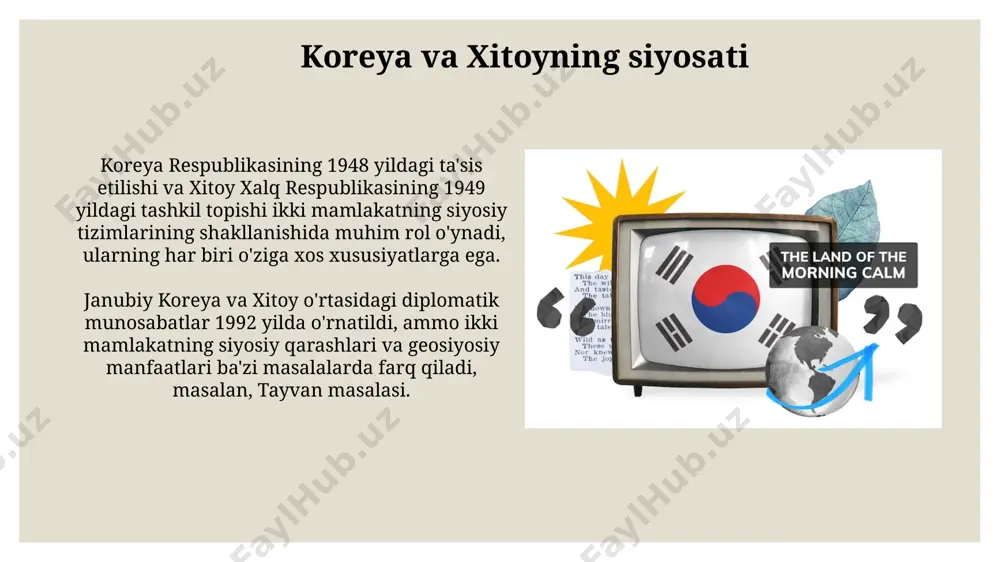 dasturlari va o'qitish uslublari jihatidan sezilarli farqlar mavjud bo'lib, masalan, xitoyda an'anaviy usullar, koreyada esa zamonaviy texnologiyalarni qo'llashga ko'proq urg'u beriladi. koreya va xitoyning oshxonasi koreya oshxonasida 5000 dan ortiq turdagi kimchi retseptlari mavjud bo'lib, ularning har biri turli xil sabzavotlar, masalan, bodring, lobak va turpdan tayyorlanadi va turli xil viloyatlarga xosdir. xitoy oshxonasining 8 ta asosiy taom turi mavjud bo'lib, ular orasida sichuan (sichuan) provinsiyasining achchiq taomlari va kanton (guangdong) viloyatining dengiz maxsulotlariga boy taomlari alohida ajralib turadi. koreya va xitoyning texnologiyalari koreyaning seul shahridagi lg kompaniyasi global miqyosda 100 million dona televizor va boshqa iste'mol elektronikasi mahsulotlarini ishlab chiqaradi va butun dunyo bo'ylab 200 dan ortiq mamlakatga eksport qiladi. xitoyning shenzhen shahrida joylashgan huawei kompaniyasi 5g tarmoqlari va sun'iy intellekt sohalarida jahon miqyosida etakchi texnologiyalarni ishlab chiqaradi va minglab muhandislarni ish bilan ta'minlaydi. e'tiboringiz uchun rahmat @taqdimot_robot image3.jpg image4.jpg image5.jpg image6.jpg image7.jpg image8.jpg image9.jpg image10.jpg image11.jpg image12.jpg image13.jpg