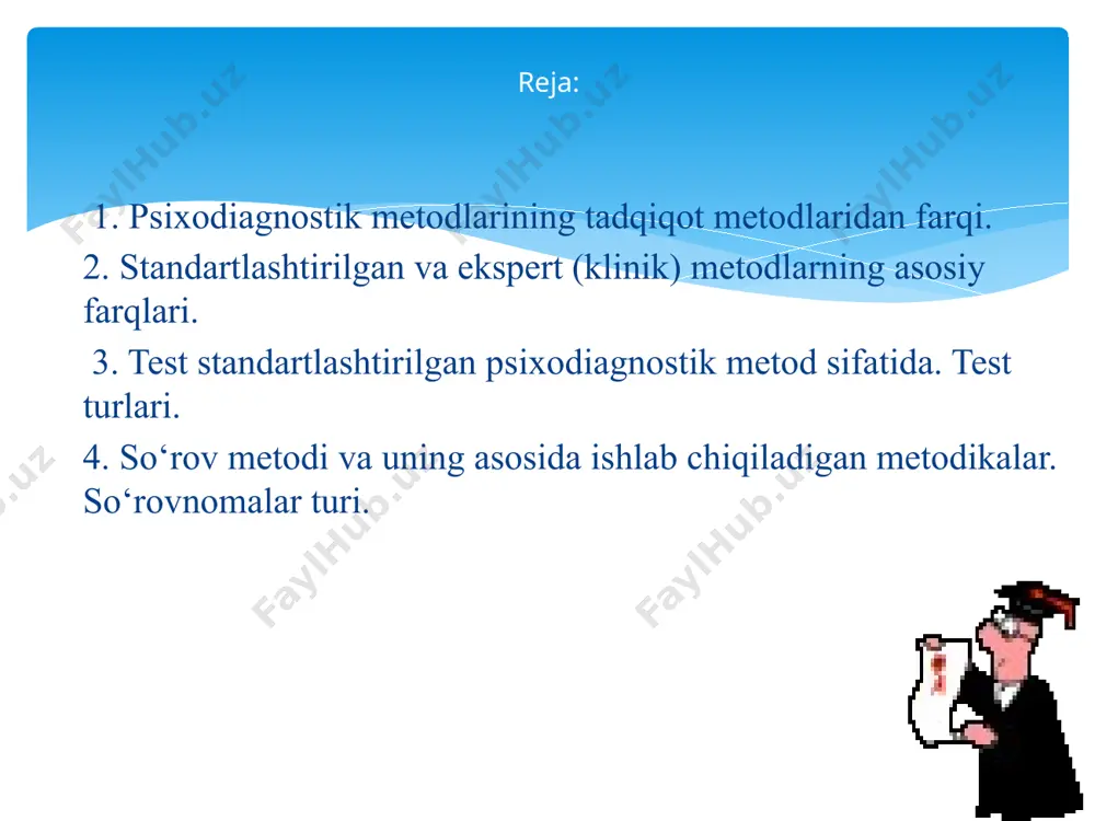 a xulq-atvorni tahlil qiluvchi). 1-misol. psixodiagnostik metod. bu r.kettelning 16 faktorli testi. u standartlashtirilgan so’rovnoma shaklidagi 187 hukmlardan iborat bo’lib, 16 guruhga ajratilgan. har bir guruh yordamida kishining alohida shaxsiy xususiyatlari baholanadi. baholar standart ballar tarzda beriladi. mazkur testdagi hukmlar, ko’rsatmalar, qo’llash usullari, natijalarni tahlil va xulosa qilish – o’zgarmas bo’lib, har qanday testlashtirish holatida ham bir xilda qo’llaniladi. psixodiagnostik va tadqiqot metodlari o’rtasidagi o’zaro tafovutni quyidagi ikki misol tariqasida ko’rsatish mumkin: 2-misol. tadqiqot metodi. aytaylik, kishi xulq-atvorining biror ko’rinishini maxsus sharoitlarda kuzatishga mo’ljallangan tadqiqot loyihasi ishlab chiqilmoqda. bu sizni qiziqtirayotgan xulqatvor bilan bog’liq xususiyatlarni yanada yorqinroq namoyon etgan bo’lgan holda, ularni birma-bir o’rganish imkoniyatini bersin. natijada, tadqiqotchi shu maqsaddagi tajribasi asosida, ya’ni uning ishtirokchilari yordamida xulq-atvorni kuzatish orqali sinaluvchining o’rganilayotgan xususiyatlari haqida xulosa chiqaradi. psixodiagnostik va tadqiqot metodlari o’rtasidagi o’zaro tafovutni quyidagi ikki misol tariqasida ko’rsatish mumkin: test vazifalari qo’llaniladigan metodika tiplari; metodikada qo’llaniladigan test materiallari adresati; sinaluvchi kishilar …