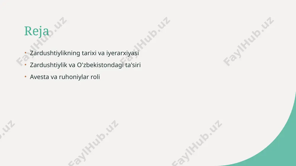 ruhoniylar va magilar orqali amalga oshiriladigan marosimlar, diniy qoidalar va qadriyatlarni ifodalaydi. avesta va uning diniy iyerarxiyadagi o'rni: muqaddas matnlar. 1 avesta: muqaddas matn avesta zardushtiylikning muqaddas matni bo'lib, uning diniy iyerarxiyasida markaziy o'rin tutadi. bu matn ruhiy va axloqiy qadriyatlarni belgilaydi. 2 mavzular va bo'limlar avesta bir nechta bo'limlardan iborat bo'lib, ular diniy qonunlar, rituallar va axloqiy o'qitishlarni o'z ichiga oladi. bu asosiy tushunchalar zardushtiylik ta'limotini shakllantiradi. 3 muqaddas qonunlar avesta ichidagi qonunlar, ruhoniylar va jamiyat a'zolari uchun yo'l-yo'riq sifatida xizmat qiladi. bu qonunlar zardushtiylik amaliyotlarining asosini tashkil etadi. 4 tarixiy ahmiyat avesta zardushtiylik tarixida muhim ahamiyatga ega bo'lib, u diniy iyerarxiyaning shakllanishida va madaniy rivojlanishda asosiy rol o'ynaydi. zardushtiylikning tarixi: o'zbekistondagi ta'sir va meros. zardushtiylik tarixi zardushtiylik, miloddan avvalgi vi asrda zardusht tomonidan asos solingan, qadimiy diniy tizim bo'lib, o'zbekistonda ham chuqur iz qoldirgan. madaniy ta'sir zardushtiylik o'zbekistonda san'at, adabiyot va urf-odatlarni boyitdi. mahalliy an'analar va festivallar zardushtiylik …