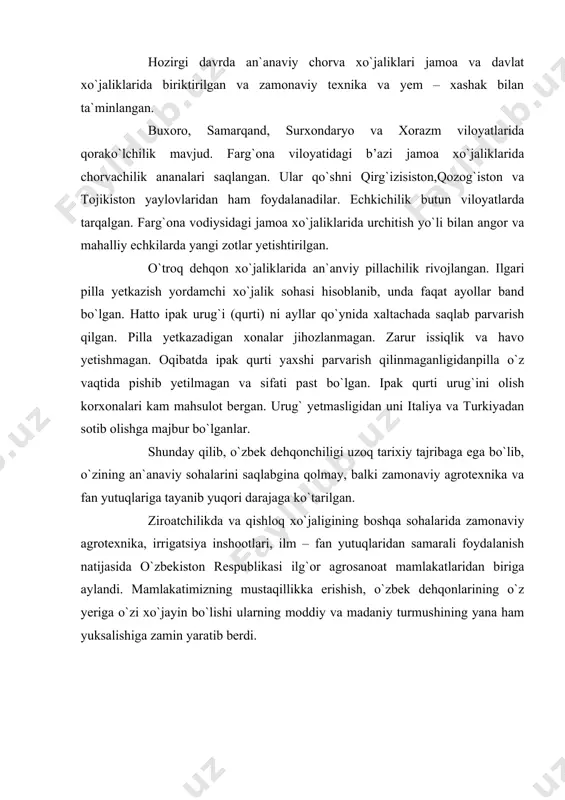 a erishish, o`zbek dehqonlarining o`z yeriga o`zi xo`jayin bo`lishi ularning moddiy va madaniy turmushining yana ham yuksalishiga zamin yaratib berdi. a d a b i y o t l a r . 1.i.a.karimov. uzbekistonning uz istiklol va tarakkiyot yuli. t. «uzbekiston», - 1992. 2.i.a.karimov. uzbekiston: milliy istiklol, iktisod, siyosat, mafkura. t. «uzbekiston».1993. 3.i.a.karimov. uzbekiston – bozor munosabatlariga utishning uziga xos yuli. t. «uzbekiston».1993. 4. www.ziyonet.uz
