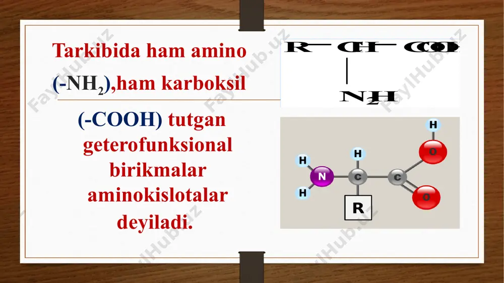 ch2 – c – cooh + nh3 o над н над + hooc – ch2 – ch2 – ch – cooh – h2o nh2 a – ketoglutar kislota l-glutamin kislota -аminokislotalarning kimyoviy xossalari 33 1. aminokislotalarning kislota-asoslik (amfoterlik) xossalari + + n a o h + h c l c h 2 c o o n a n h 2 c o o h n h 2 c h 2 glitsingidroxlorid natriy glitsinat glitsin  - аminouksus kislotasi l - c h 2 n h 3 c o o h c -aminokislotalarning mis gidroksid bilan xelat kompleksi 1. etirifikatsiya reaksiyasi r – ch – cooh + ch3oh r – ch – c – o - ch3 hcl nh2 nh2 o cl o r – ch – cooh r – ch – c h – n – coch3 aminokislotaning himoyalangani socl2yoki pocl3 h – n – coch3 аminokislotaning n-atsil hosilasi 2. …