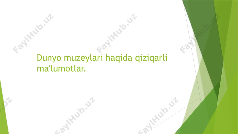 shishini ichkaridan tomosha qilish juda qiziq bo‘lsa kerak dunyodagi eng qadimgi muzey 1471 yilda tashkil etilgan kapitolin muzeyidir. uni rim aholisiga antiqa bronzalar to‘plamini sovg‘a qilgan papa sixtus-iv yaratgan. kapitolin muzeyi dunyodagi barcha baland tog‘lardagi muzeylar boliviyaning potosi shahrida joylashgan. ularning barchasi shaharning o‘zi kabi dengiz sathidan 4000 kilometr balandlikda turadi. eng qiziqarlilari esa mustamlakachilik davridagi zarbxona va ochiq osmon ostidagi poyezdlar qabristoni yaponiyaning nagasaki shahridagi muzeyni dunyodagi eng qayg‘uli muzey deb atash mumkin. bu 1945 yilda amerika samolyoti tomonidan shaharni yadroviy bombardimon qilinganligiga bag‘ishlangan atom bombasi muzeyidir. muzey yaqinida aynan shu portlash qurbonlari xotirasiga bag‘ishlangan yodgorlik zali ham joylashgan. dunyoning eng mashhur va qadimiy muzeylari. ermitaj. rossiya (1764) rossiyaning yirik madaniy-tarixiy obyekti bo‘lmish ushbu muzeyda san’at namunalari talaygina. muzey beshta binodan iborat bo‘lib, bir-biriga eshiklar orqali ulanib ketgan. ermitajni yaratish g‘oyasi yekaterina ii tomonidan taklif qilingan. imperator xonim savdogardan gorsovskiy kolleksiyasini sotib olgach, ushbu 220 ta kartinani joylashtirish uchun …