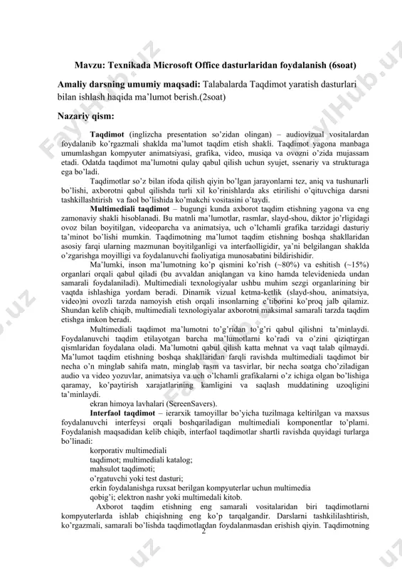 a, video)ni ovozli tarzda namoyish etish orqali insonlarning e’tiborini ko’proq jalb qilamiz. shundan kelib chiqib, multimediali texnologiyalar axborotni maksimal samarali tarzda taqdim etishga imkon beradi. multimediali taqdimot ma’lumotni to’g’ridan to’g’ri qabul qilishni ta’minlaydi. foydalanuvchi taqdim etilayotgan barcha ma’lumotlarni ko’radi va o’zini qiziqtirgan qismlaridan foydalana oladi. ma’lumotni qabul qilish katta mehnat va vaqt talab qilmaydi. ma’lumot taqdim etishning boshqa shakllaridan farqli ravishda multimediali taqdimot bir necha o’n minglab sahifa matn, minglab rasm va tasvirlar, bir necha soatga cho’ziladigan audio va video yozuvlar, animatsiya va uch o’lchamli grafikalarni o’z ichiga olgan bo’lishiga qaramay, ko’paytirish xarajatlarining kamligini va saqlash muddatining uzoqligini ta’minlaydi. ekran himoya lavhalari (screensavers). interfaol taqdimot – ierarxik tamoyillar bo’yicha tuzilmaga keltirilgan va maxsus foydalanuvchi interfeysi orqali boshqariladigan multimediali komponentlar to’plami. foydalanish maqsadidan kelib chiqib, interfaol taqdimotlar shartli ravishda quyidagi turlarga bo’linadi: korporativ multimediali taqdimot; multimediali katalog; mahsulot taqdimoti; o’rgatuvchi yoki test dasturi; erkin foydalanishga ruxsat berilgan kompyuterlar uchun multimedia qobig’i; …